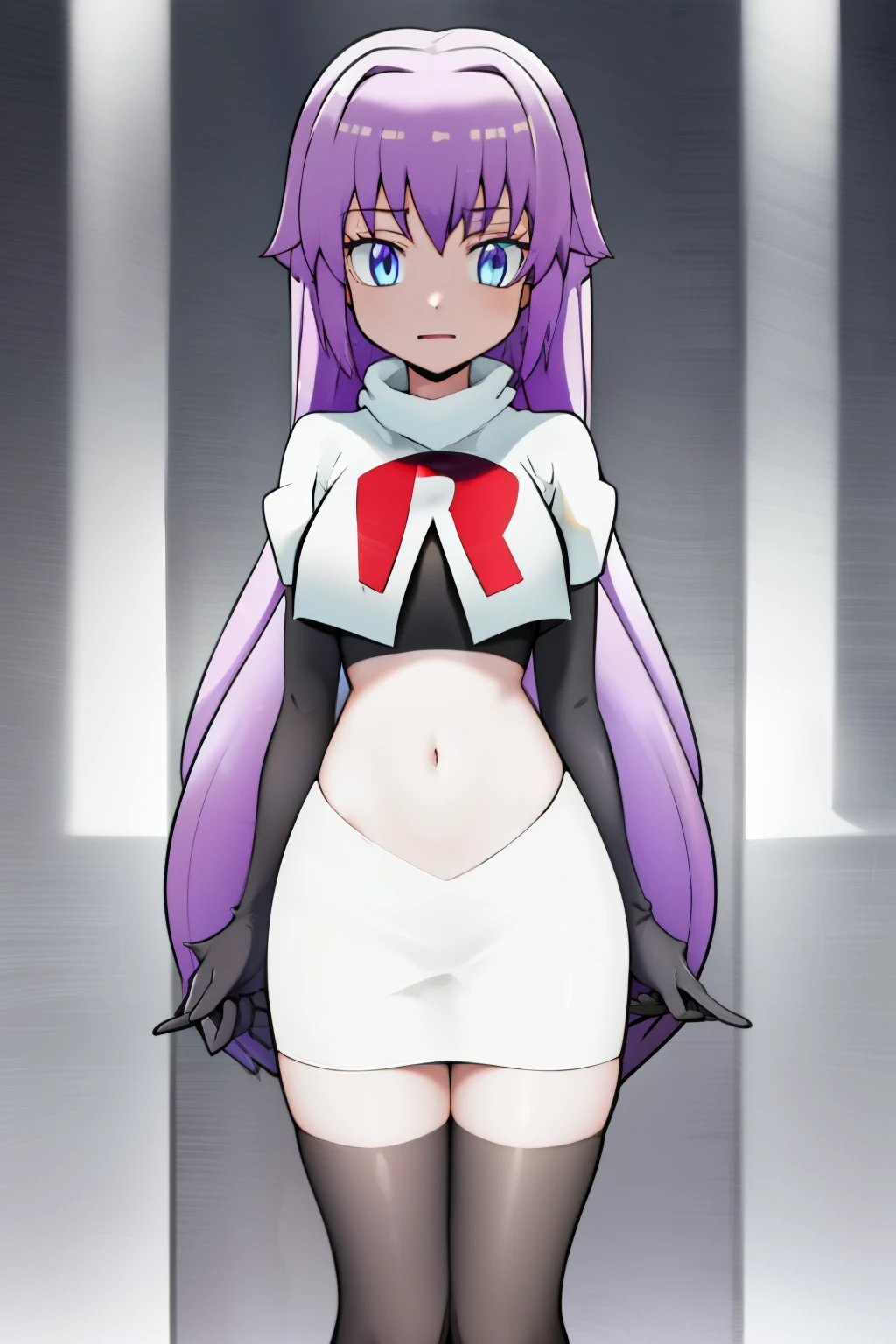 (best quality, 8k, 32k, masterpiece, UHD:1.2), 1girl, absurdres , RitsuR4, purple hair, blue eyes, blue eyes, very long hair,  team rocket,team rocket uniform, red letter R, white skirt,white crop top,black thigh-highs,black elbow gloves