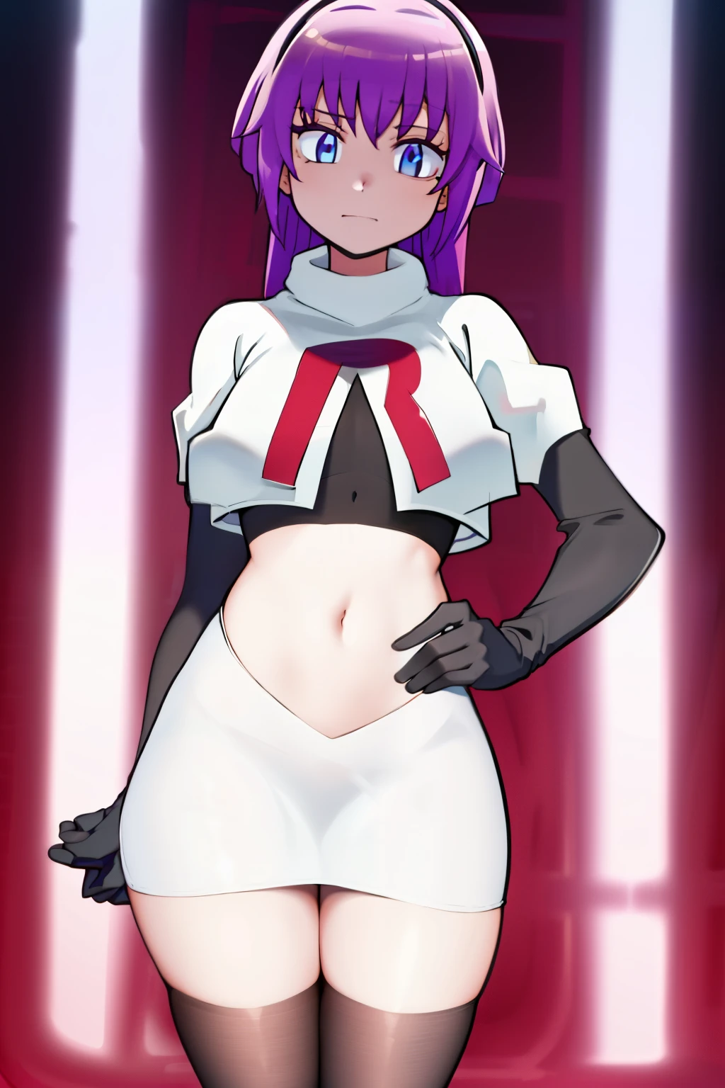 (best quality, 8k, 32k, masterpiece, UHD:1.2), 1girl, absurdres , RitsuR4, purple hair, blue eyes, blue eyes, very long hair,  team rocket,team rocket uniform, red letter R, white skirt,white crop top,black thigh-highs,black elbow gloves