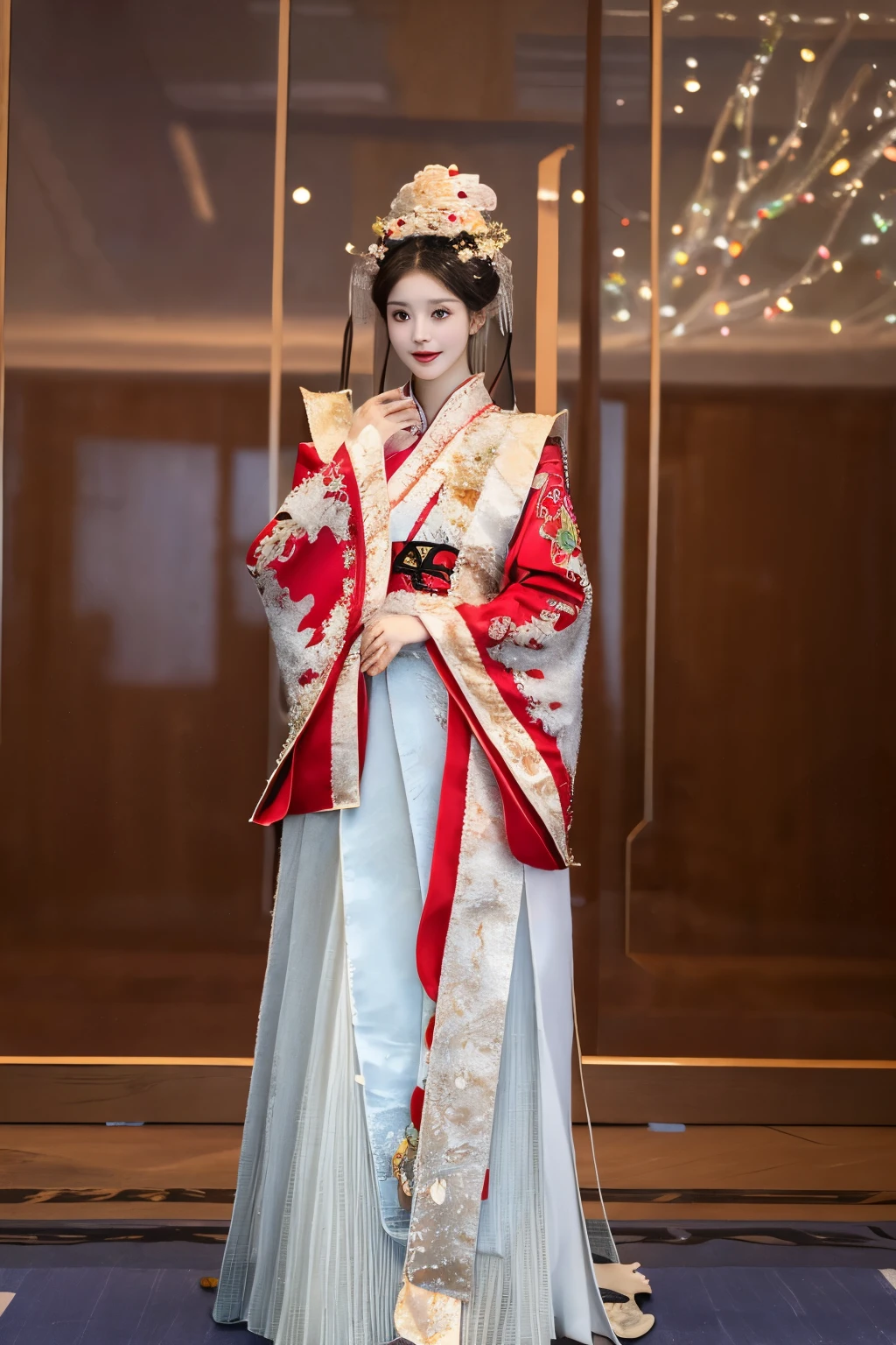 (8k), super realistic, high detail, ((full body woman in hanfu)), (shut up), beautiful headdress, gorgeous brunet, goddess, delicate hanfu, , beautiful face, magnificent view, provocative, very atmospheric, charming, large, noble costume, stand out in hanfu, see-through, golden ratio, masterpiece, professional lighting, auto white balance, best composition,