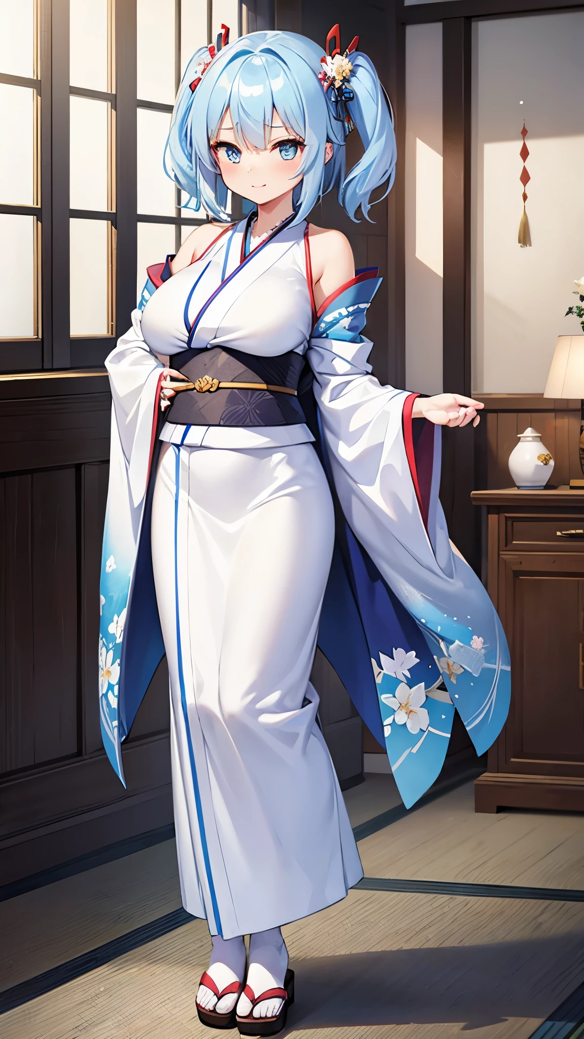 1 girl, game cg, gorgeous kimono, shoulders visible, gigantic breasts, light blue hair, middle hair, two side up, blue eyes, shy, happy, living room, standing, full body,