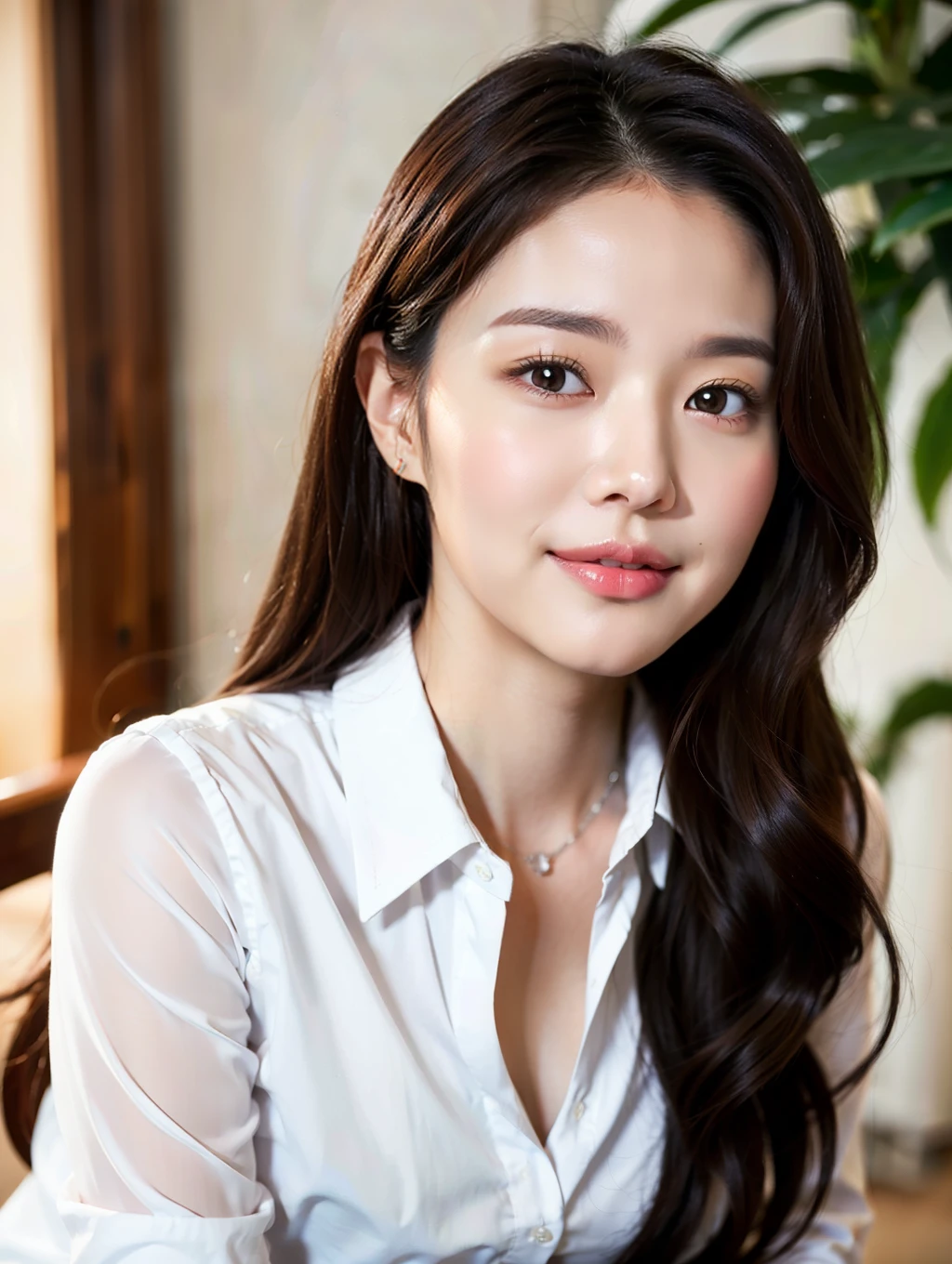 Lifelike photos of (No. 1 cute Korean actress) Long hair, smooth face, light makeup, medium breasts. Wearing a white long sleeve shirt, and black skirt, Little Smile, Canon EOS 35mm Lens 8K high-resolution face, crisp and realistic details Close up