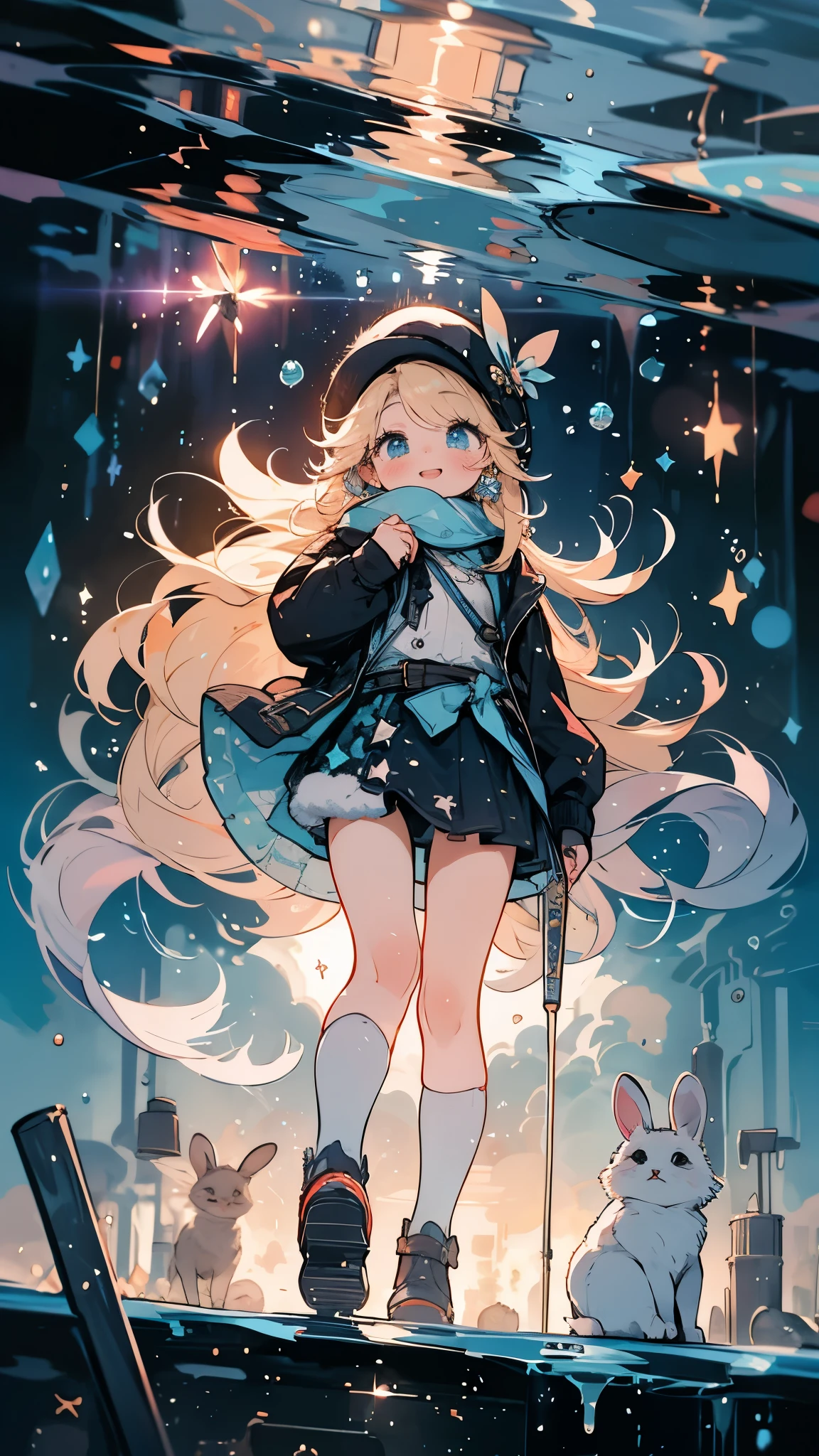 wide angle,deep blue world,angle from below,snowy daytime,smile with little rabbit1girl, It's cold so wear a warm hat and muffler,Waist-length blonde hair waving in the wind,非常にdelicate makeup,High quality,とてもshort bangs,Sparkling diamond necklace and earrings,delicate makeup,color contact lenses,short bangs,Sparkling glitter,Sparkly glitter