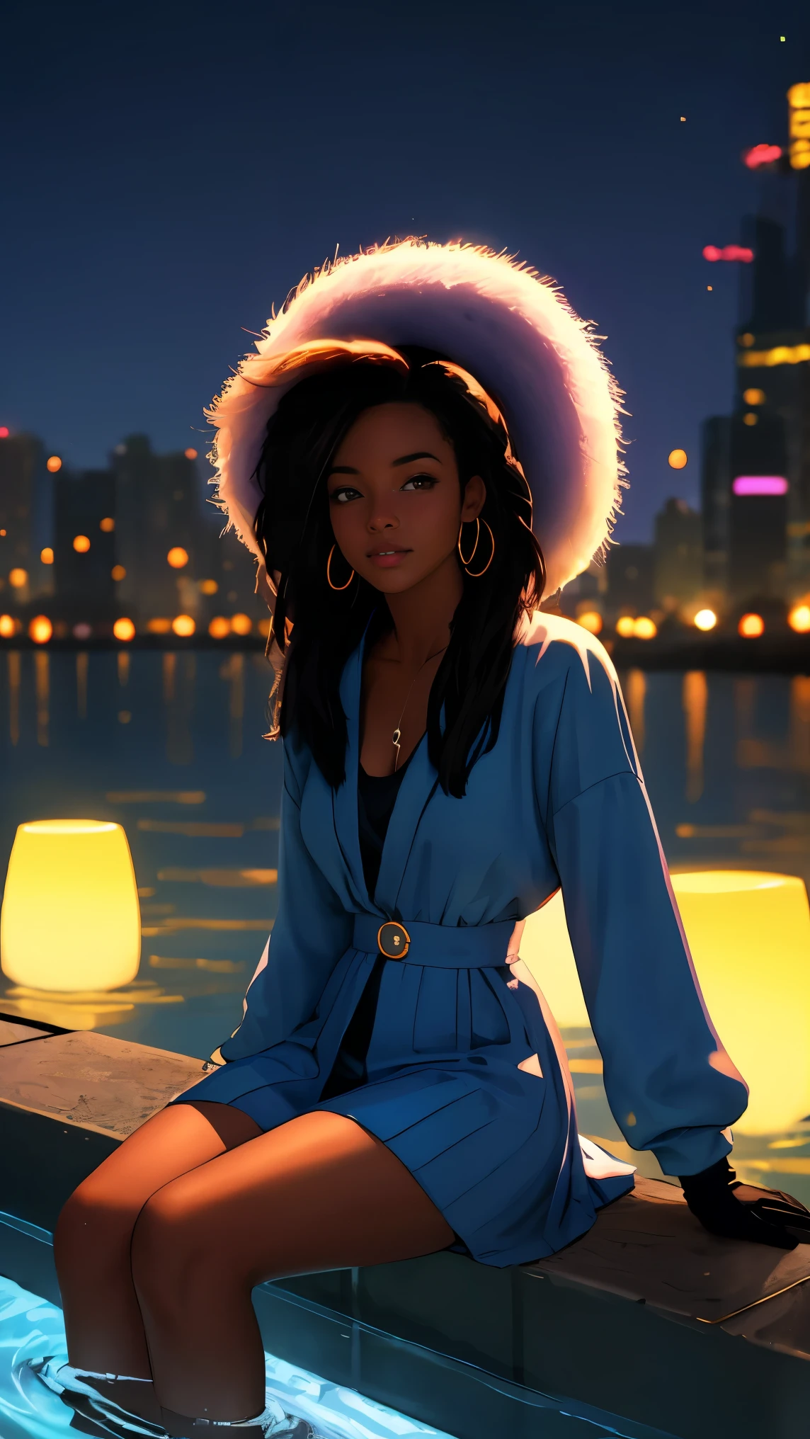 Pretty woman with dark skin sitting on a hillside,(((sitting by water))), soft should length hair, ebony nose and dark brown eyes, african american, wearing black gloves, she is calm in a playful scenery, blue lanterns floating in the water nearby, illuminating her hair, water has a blue florescent glow, clearly defined features, funkypop, cyberdelic, grunge, hyperrealistic black anime, lofi art, luminism, medium shot, attention to details, depth of field, chemiluminescence in her hair, soft background lens flare, flourescent light in her hair, character design, atey ghailan, basquiat, colorful_frequencies, electric colors, dynamic pose, nouveau realisme, city background,