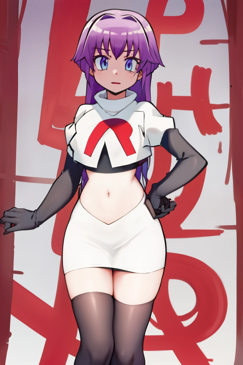 (best quality, 8k, 32k, masterpiece, UHD:1.2), 1girl, absurdres , RitsuR4, purple hair, blue eyes, blue eyes, very long hair,  team rocket,team rocket uniform, red letter R, white skirt,white crop top,black thigh-highs,black elbow gloves