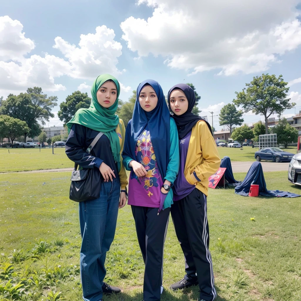 8k RAW photos,3 girls,dark blue hijab,green hijab,blue hijab,yellow and purple t-shirt,red and blue stripe shirt,green dan purple stripe shirt,black pants,big breasts