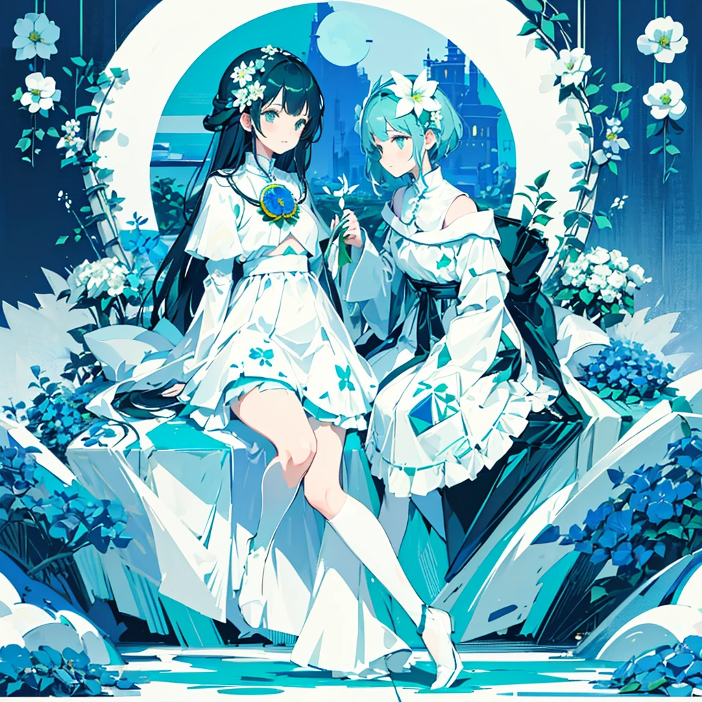 (blue moon, white flower field, green road, geometric pattern), (low contrast, flat color, limited palette)