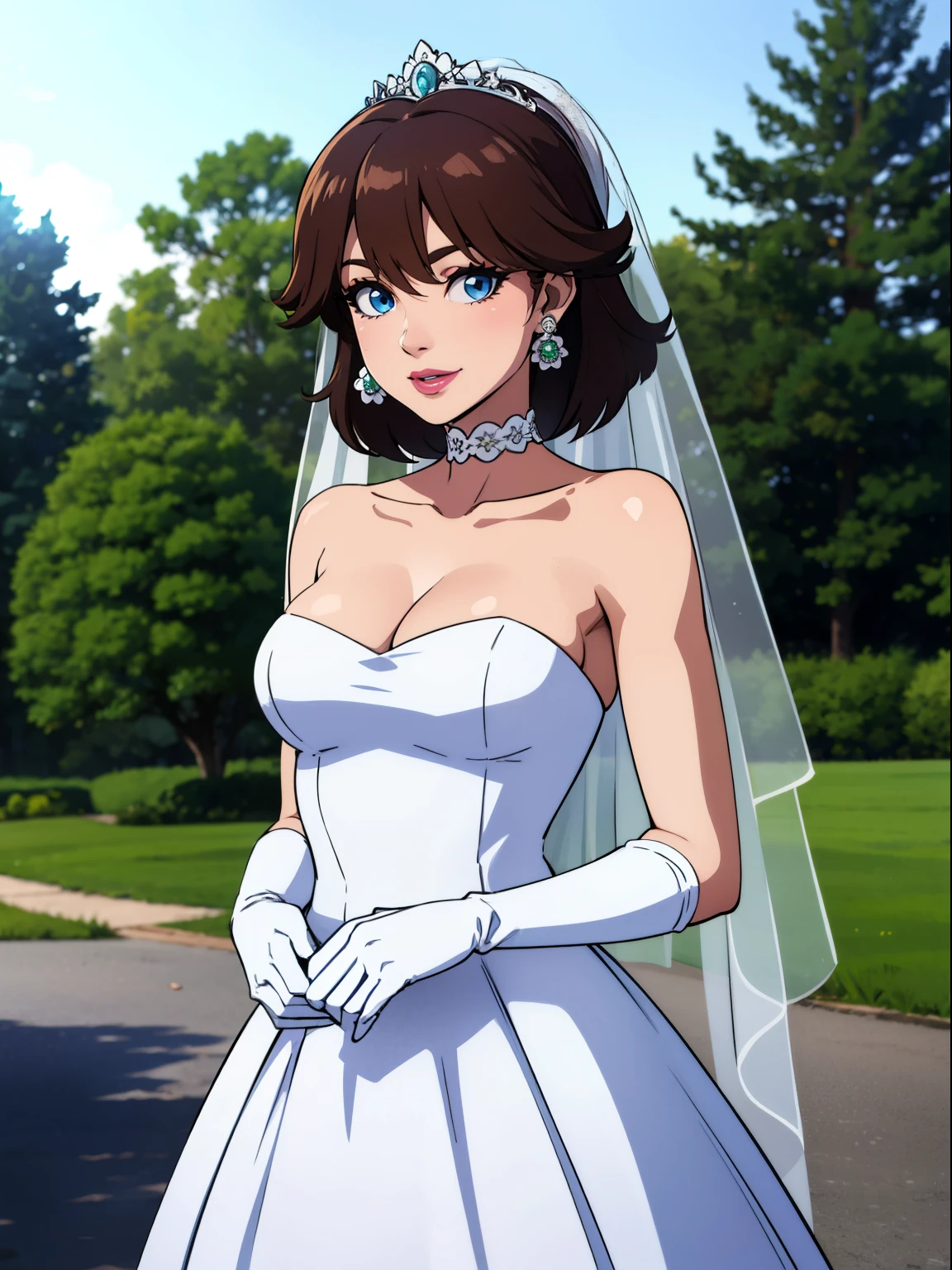 1girl ,princess_daisy, brown hair, blue eyes, short hair, ,earrings ,lipstick, eye shadow, makeup, hair between eyes, ahoge, hair ornament, gloves, dress, cleavage, bare shoulders, collarbone, white oprea gloves, white gloves, white dress, strapless, white choker, tiara, veil, strapless dress, wedding dress, bridal veil, beautiful woman, perfect body, perfect breasts, wearing a wedding dress, ball gown, in the park trees, wedding decorations, looking at the viewer,  smile, realism, masterpiece, textured skin, super detail, high detail, high quality, best quality, 1080p,