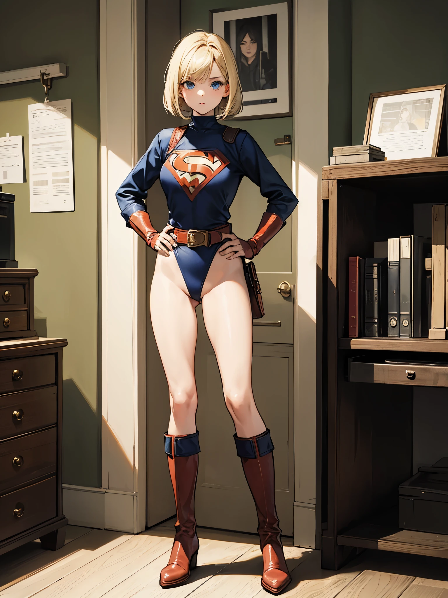 1girl, superhero, leotard, bare legs, matching boots, standing, solo focus, belt, hands on hip, full body shot, mature lady, blonde hair, bob hair, office