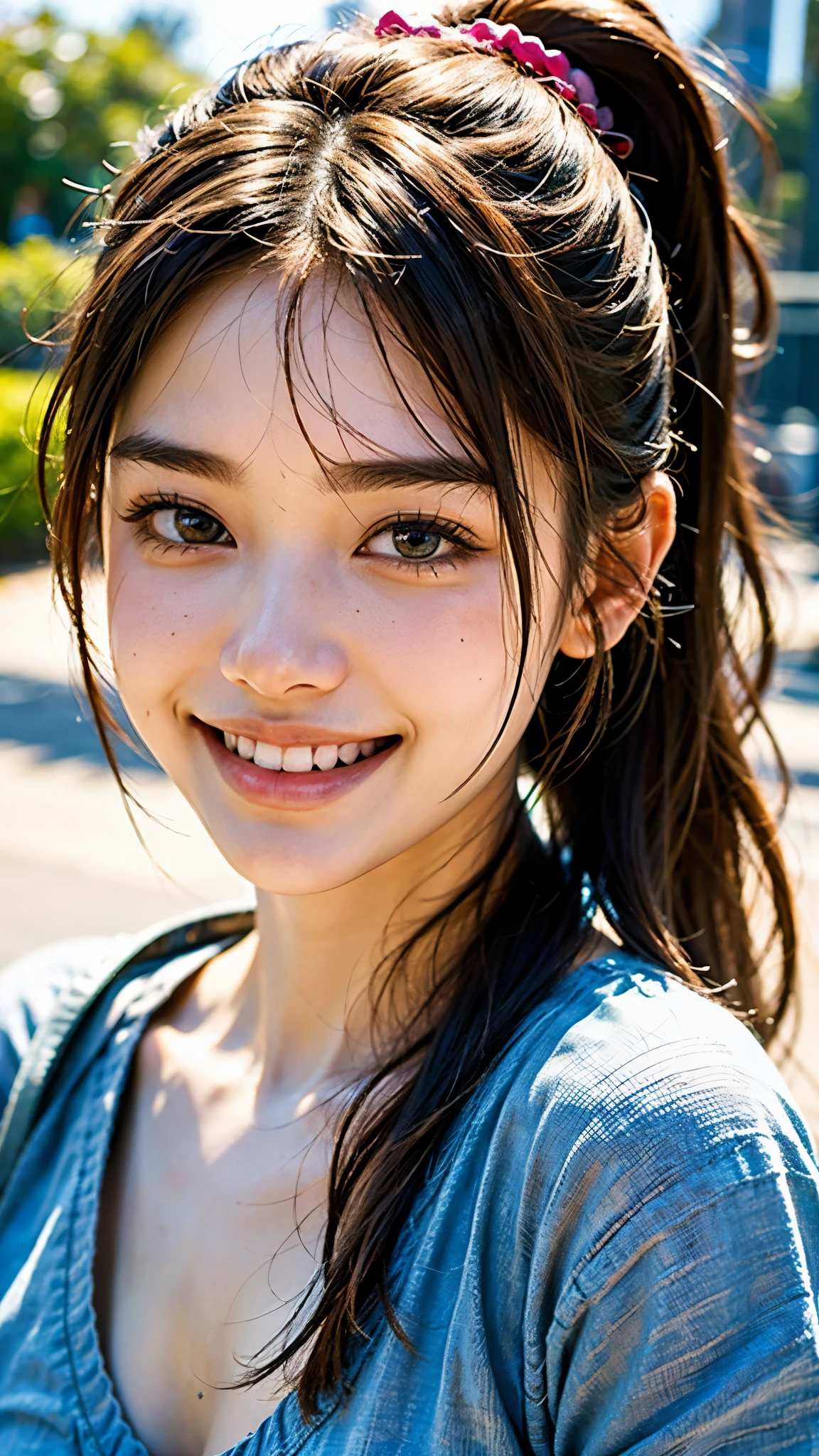 highest quality, masterpiece, ultra high resolution, (realistic:1.4), (close portrait) Raw photo, 1 girl, high school girl, masterpiece, realistic pictures, japanese pictures, fuji negative film, saturation, contrast, Pocari Sweat Advertisement ((small breasts)),((smiling showing teeth)),Ponytail and scrunchie,((Disneyland)),