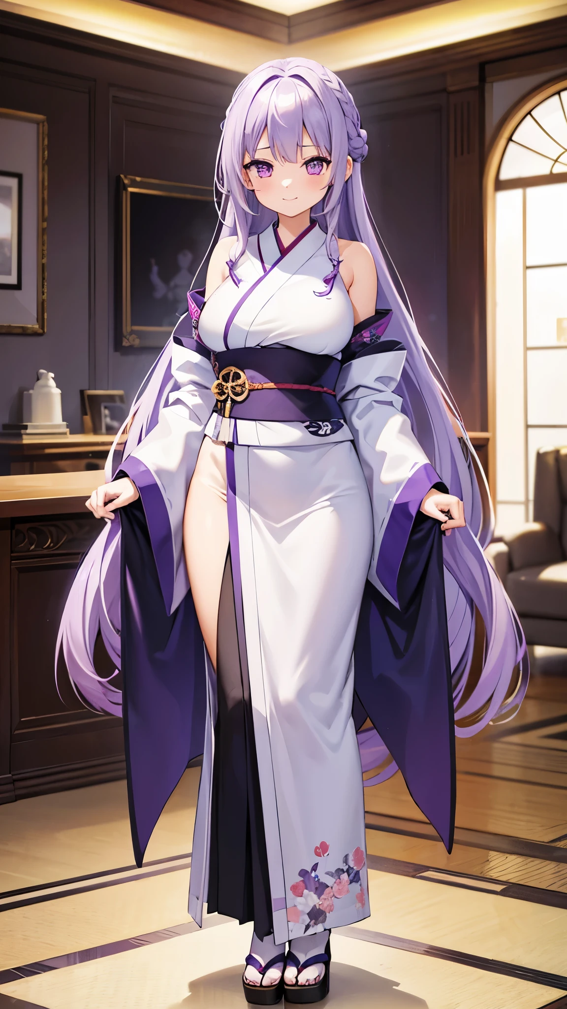 1 girl, game cg, gorgeous kimono, shoulders visible, gigantic breasts, light purple hair, long hair, french braid, purple eyes, shy, happy, living room, standing, full body,
