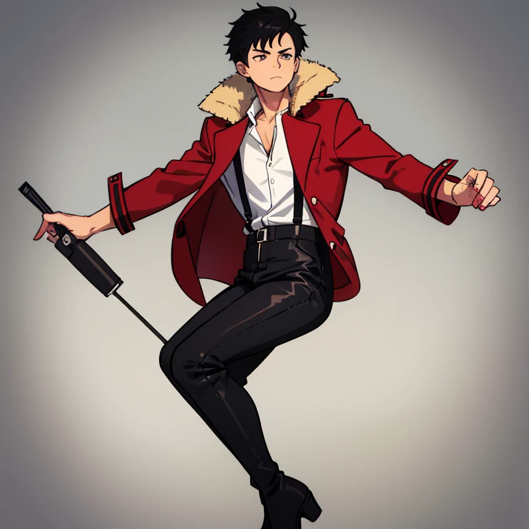 Male,short side swept black hair, white button up shirt, black paints, boots, faded red coat with a tan fur collar