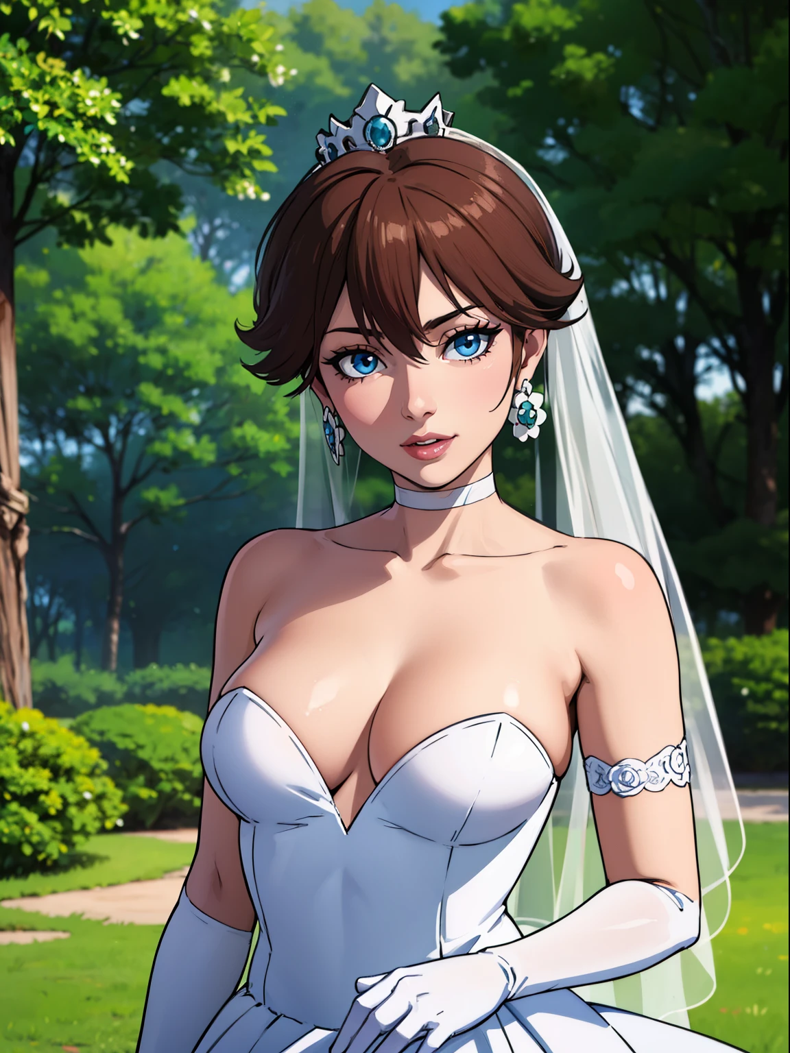 1girl ,princess_daisy, light brown hair, blue eyes, short hair, ,earrings ,lipstick, eye shadow, makeup, hair between eyes, ahoge, hair ornament, gloves, dress, cleavage, bare shoulders, collarbone, white oprea gloves, white gloves, white dress, strapless, white choker, tiara, veil, strapless dress, wedding dress, bridal veil, beautiful woman, perfect body, perfect breasts, wearing a wedding dress, ball gown, in the park trees, wedding decorations, looking at the viewer, smile, realism, masterpiece, textured skin, super detail, high detail, high quality, best quality, 1080p,