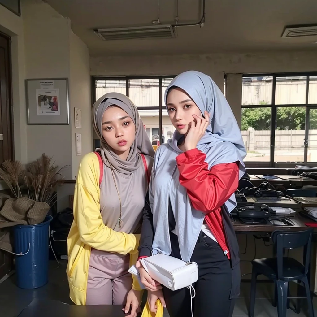 8k RAW photos,2 girls,grey hijab,brown hijab,red and white strap jersey t-shirt,yellow t-shirt,black pants