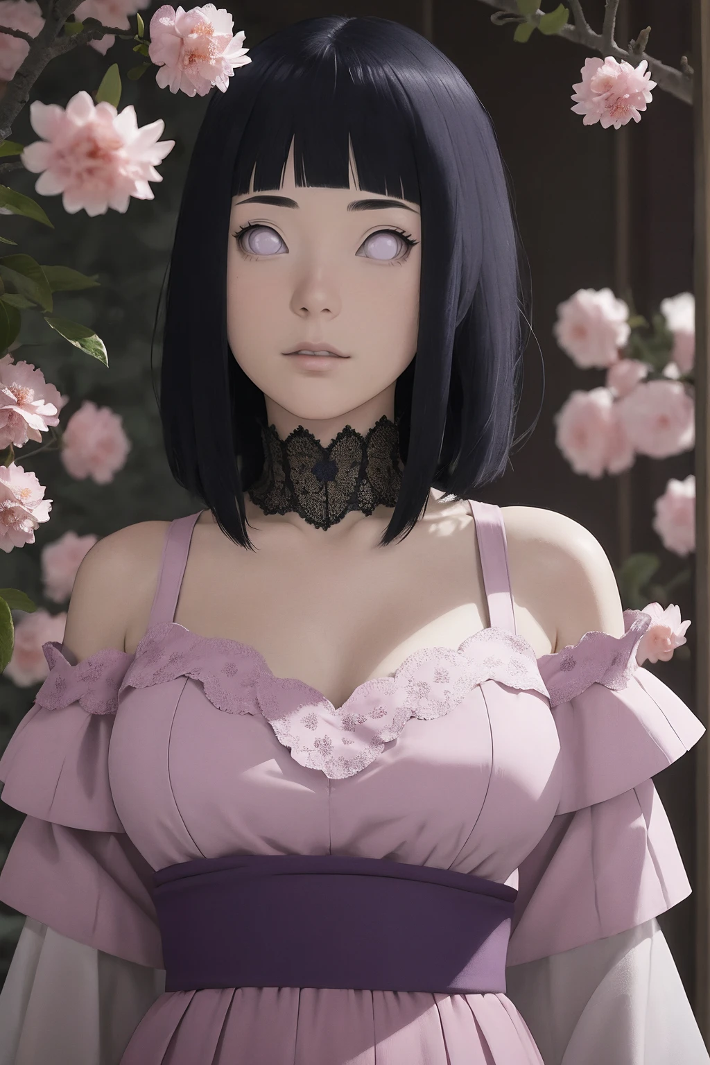 Lingiere, Hinata\(Boruto\), 1girll, Solo,Mature female, Off-the-shoulder lace shirt, When looking at the camera, (Falling petals), Perfectcomposition, Detailed lips, big breast, Beautiful face, body propotion, Blush, (Pink lips), Long hair,  Purple eyes,  Soft gaze,  Super realistic, Detailed, photoshoot, Realistick faces and bodies,