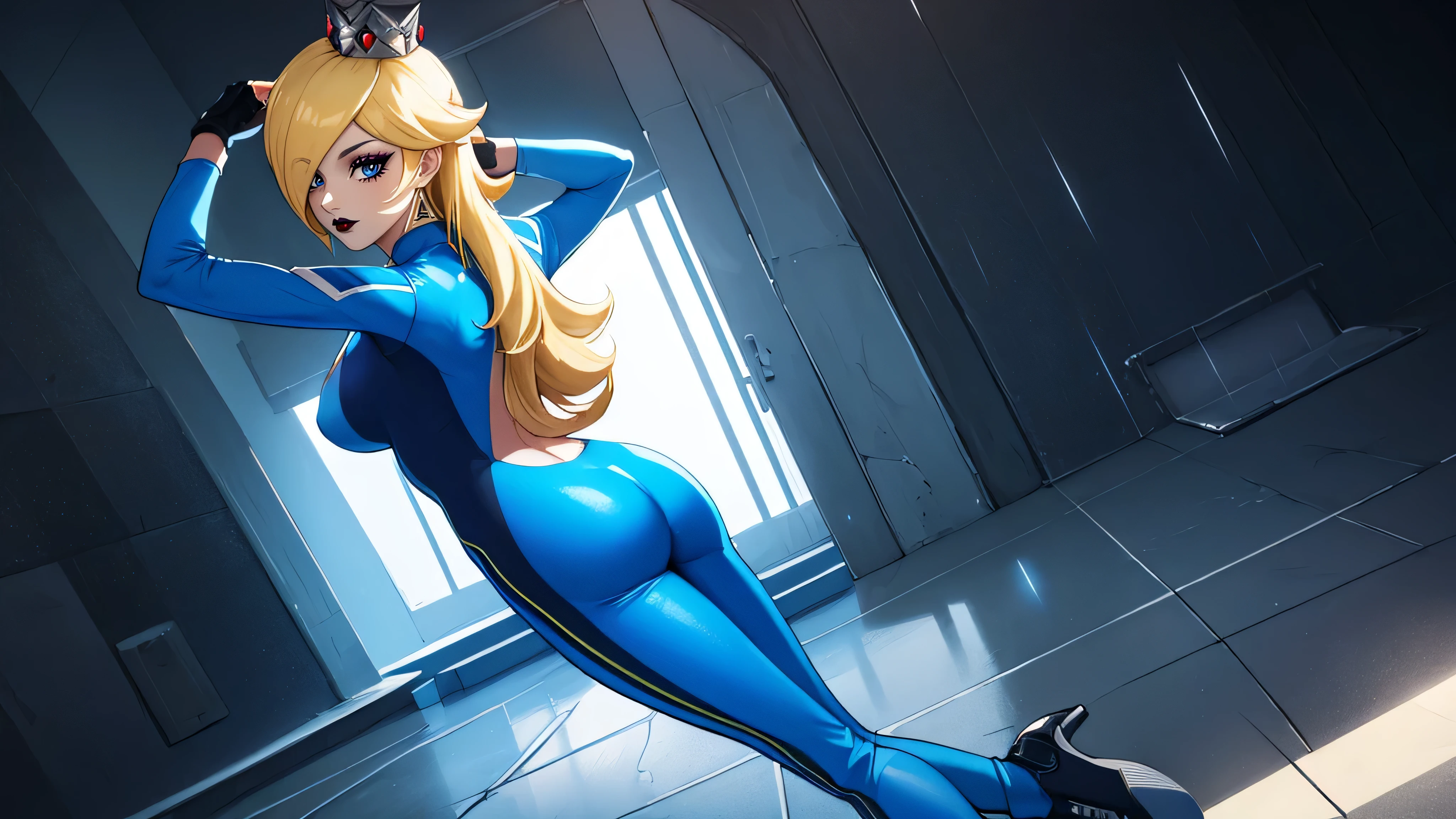 ((high detailed, best quality, 4k, masterpiece, hd:1.3)), BREAK rainy night, moonlight, landscape, it's raining, raining, a full-length shot of Rosalina standing posing under the rain, BREAK neon blue eyes, seductive, attractive, sexy smile, smiling, smooth anime cg art, 36C breasts, (long fitness legs), vivid colors, detailed digital art, slim body, perfect skin, wet blonde hair, wet long hair, wet hair, BREAK crown, BREAK looking at viewer, extremely detailed face, (blue jumpsuit), (Jumpsuit:1.5), (blue racing suit), (racing suit:1.5), (blue high heels), full wet body, wet body, earrings, gem, dark gothic eyeshadows, dark eyeshadows, black eyeshadows, black_sexy_lips, black lips, dark lips, gothic painted lips, dark_red_lips, very dark lips, red_painted_lips, (very thin lips), thin lips, detailed lips, (dark:1.2), (perfect hands, perfect anatomy), black makeup, detailed fingers, five fingers per hand, 5 fingers, (1 girl), (solo:1.3), (with your back turned:1.5, looking back pose), (looking back), (arms rised:1.3), (arms up:1.3),