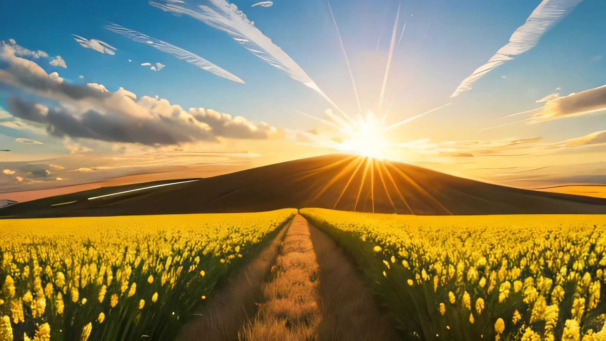 "Golden Fields of Radiance":
"Design a heavenly landscape with fields of golden radiance, where celestial flowers bloom, and majestic structures rise, creating a serene and otherworldly atmosphere."