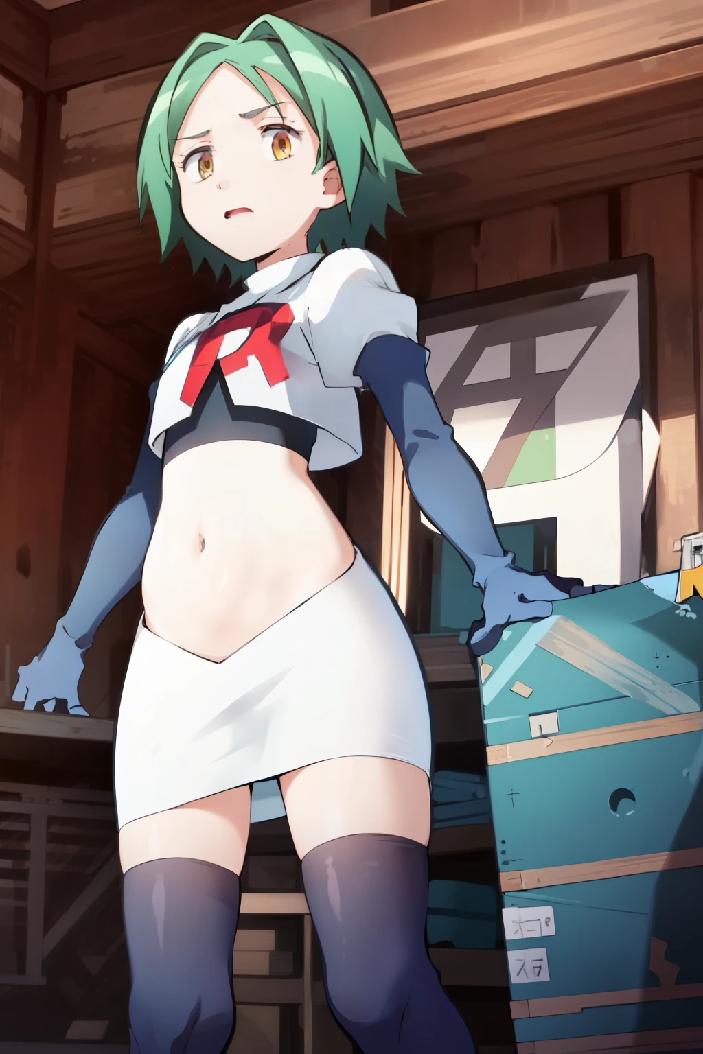 ultra high res, best quality, masterpiece, 1girl, KaedeKayanoR4, green hair, yellow eyeackground,short hair, team rocket,team rocket uniform, red letter R, white skirt,white crop top,black thigh-highs,black elbow gloves