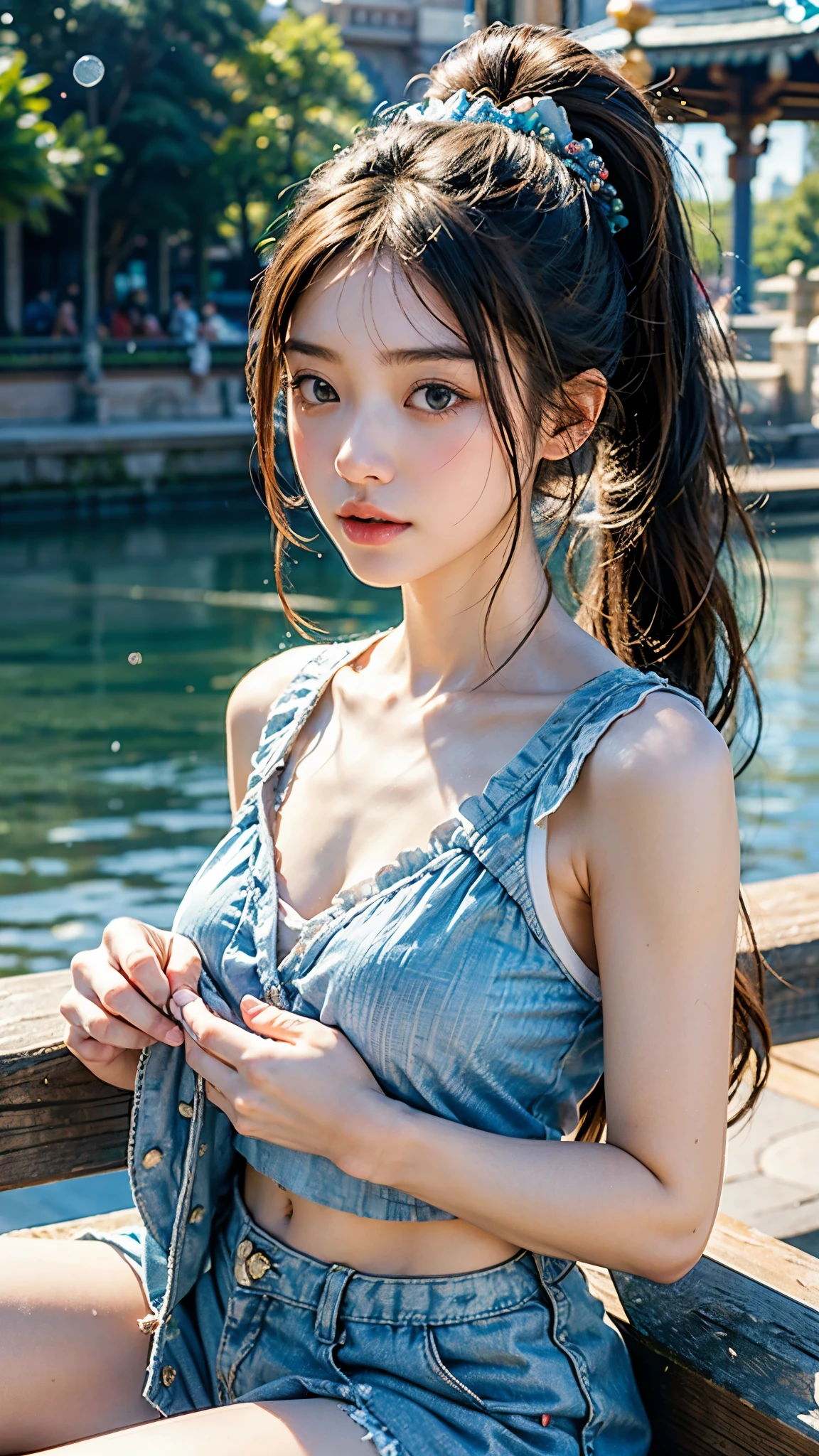 highest quality, masterpiece, ultra high resolution, (realistic:1.4), (close portrait) Raw photo, 1 girl, high school girl, masterpiece, realistic pictures, japanese pictures, fuji negative film, saturation, contrast, Pocari Sweat Advertisement ((Medium chest)),Ponytail and scrunchie,((disneyland in winter)),((Cinderella's Castle)),
