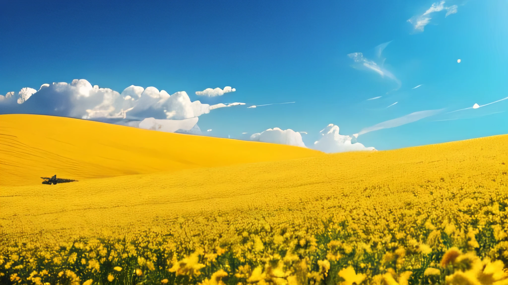 "Golden Fields of Radiance":

"Design a heavenly landscape with fields of golden radiance, where celestial flowers bloom, and majestic structures rise, creating a serene and otherworldly atmosphere."