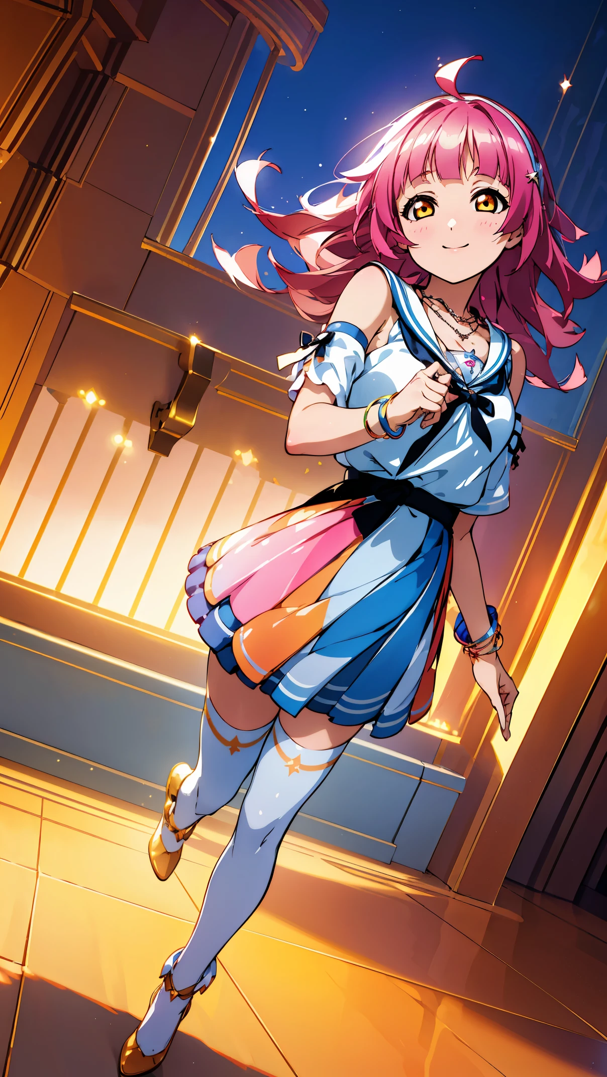 best quality, wavy hair, ultra high res, (photorealistic:1.4), 1girl, full body,Rina_chan_board on face, bare shoulders, cinematic angle,from behind,thigh gap,cleavage,revealing,see-through,professional lighting,thighhighs,hairband,sailor collar,necklace,smile,