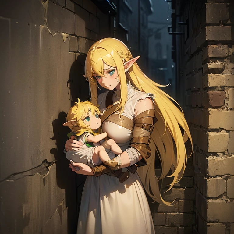 ((1 elf woman with a on her lap)),((wearing torn rags and dirty clothes)),((long light yellow hair)), big breasts, dirty face and tirsti,((leaning against the wall, in a wet alley in a medieval city))