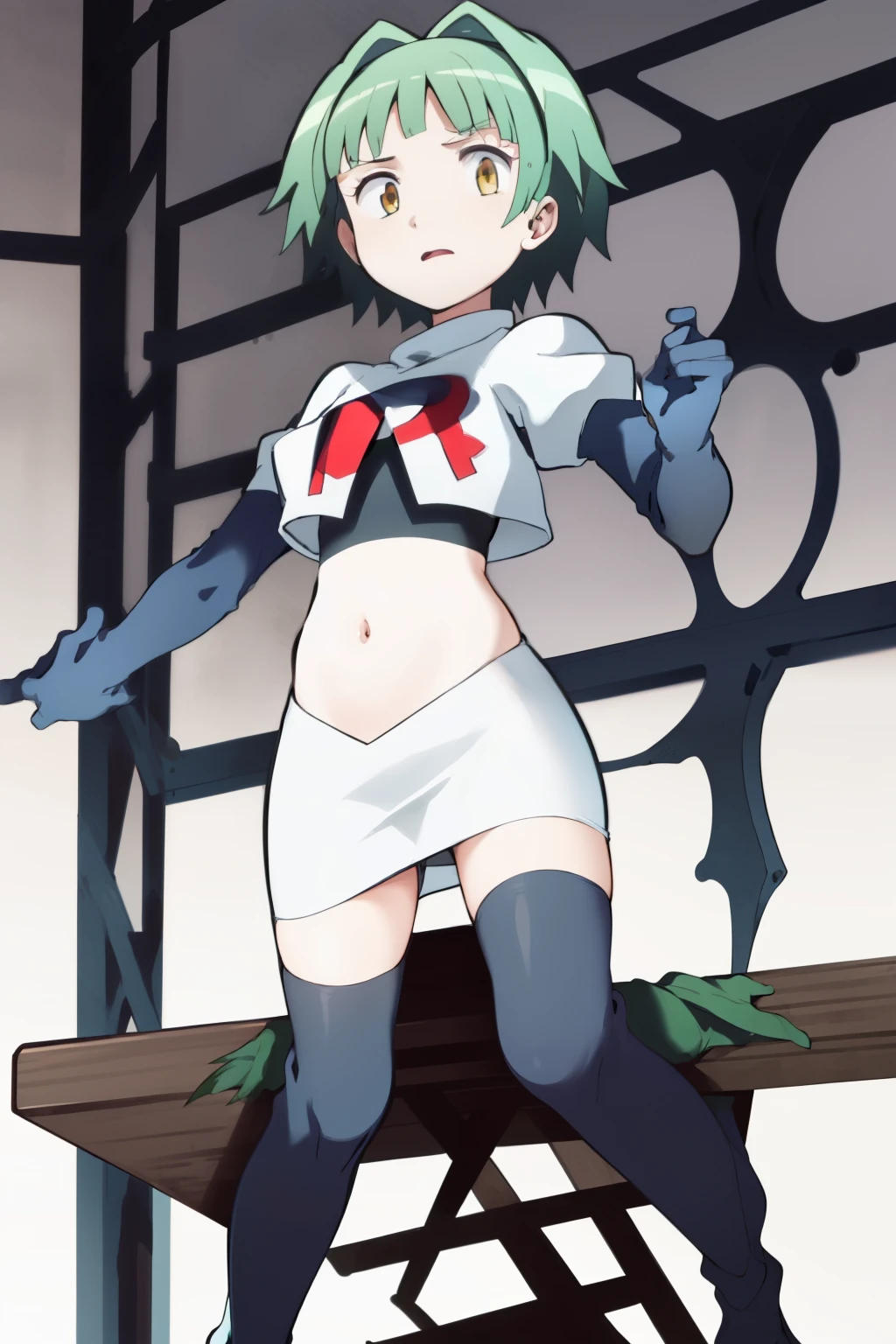 ultra high res, best quality, masterpiece, 1girl, KaedeKayanoR4, green hair, yellow eyeackground,short hair, team rocket,team rocket uniform, red letter R, white skirt,white crop top,black thigh-highs,black elbow gloves