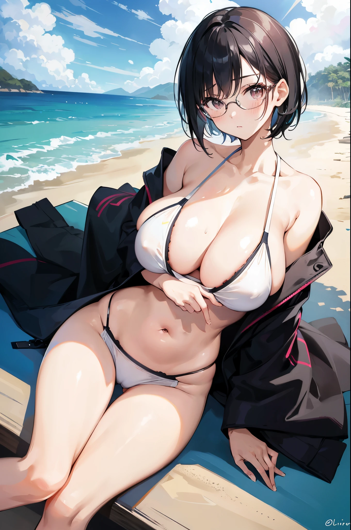 1 Japanese girl, glasses, blush, (slim body:1.2), (huge breasts:1.1), (slender legs:1.1), short hair, black hair, swimsuit, beach,