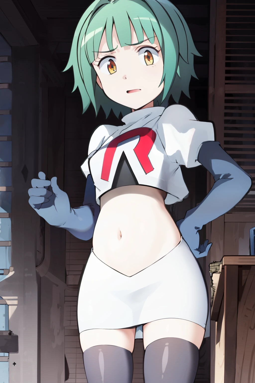 ultra high res, best quality, masterpiece, 1girl, KaedeKayanoR4, green hair, yellow eyeackground,short hair, team rocket,team rocket uniform, red letter R, white skirt,white crop top,black thigh-highs,black elbow gloves