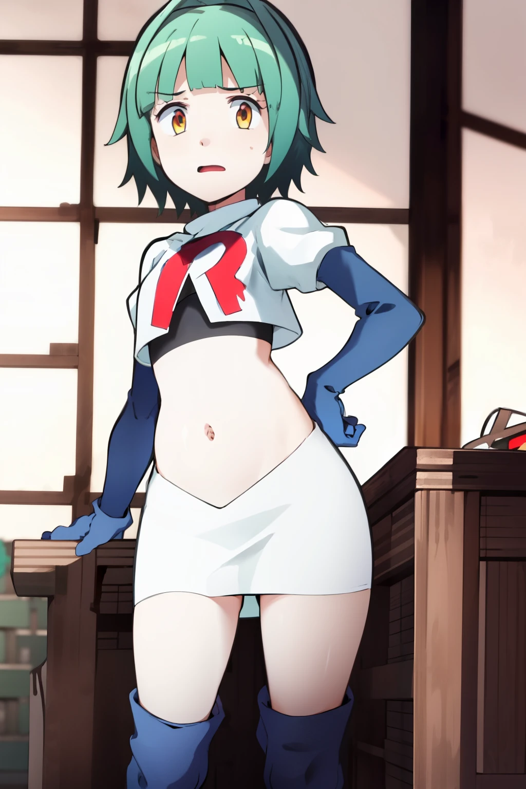 ultra high res, best quality, masterpiece, 1girl, KaedeKayanoR4, green hair, yellow eyeackground,short hair, team rocket,team rocket uniform, red letter R, white skirt,white crop top,black thigh-highs,black elbow gloves