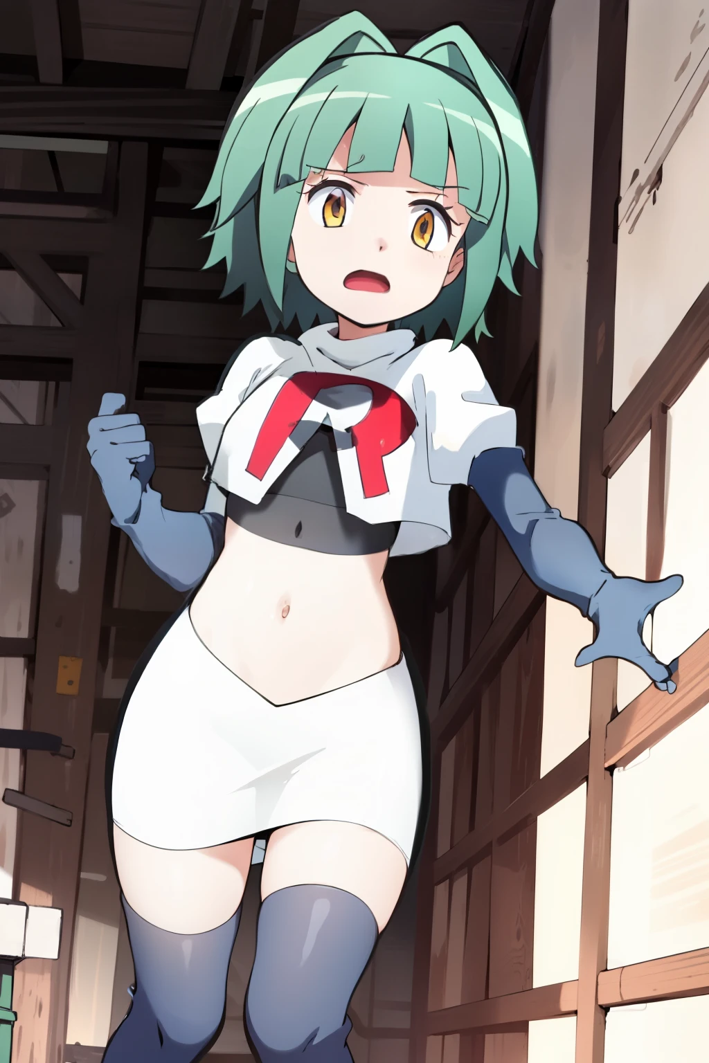 ultra high res, best quality, masterpiece, 1girl, KaedeKayanoR4, green hair, yellow eyeackground,short hair, team rocket,team rocket uniform, red letter R, white skirt,white crop top,black thigh-highs,black elbow gloves