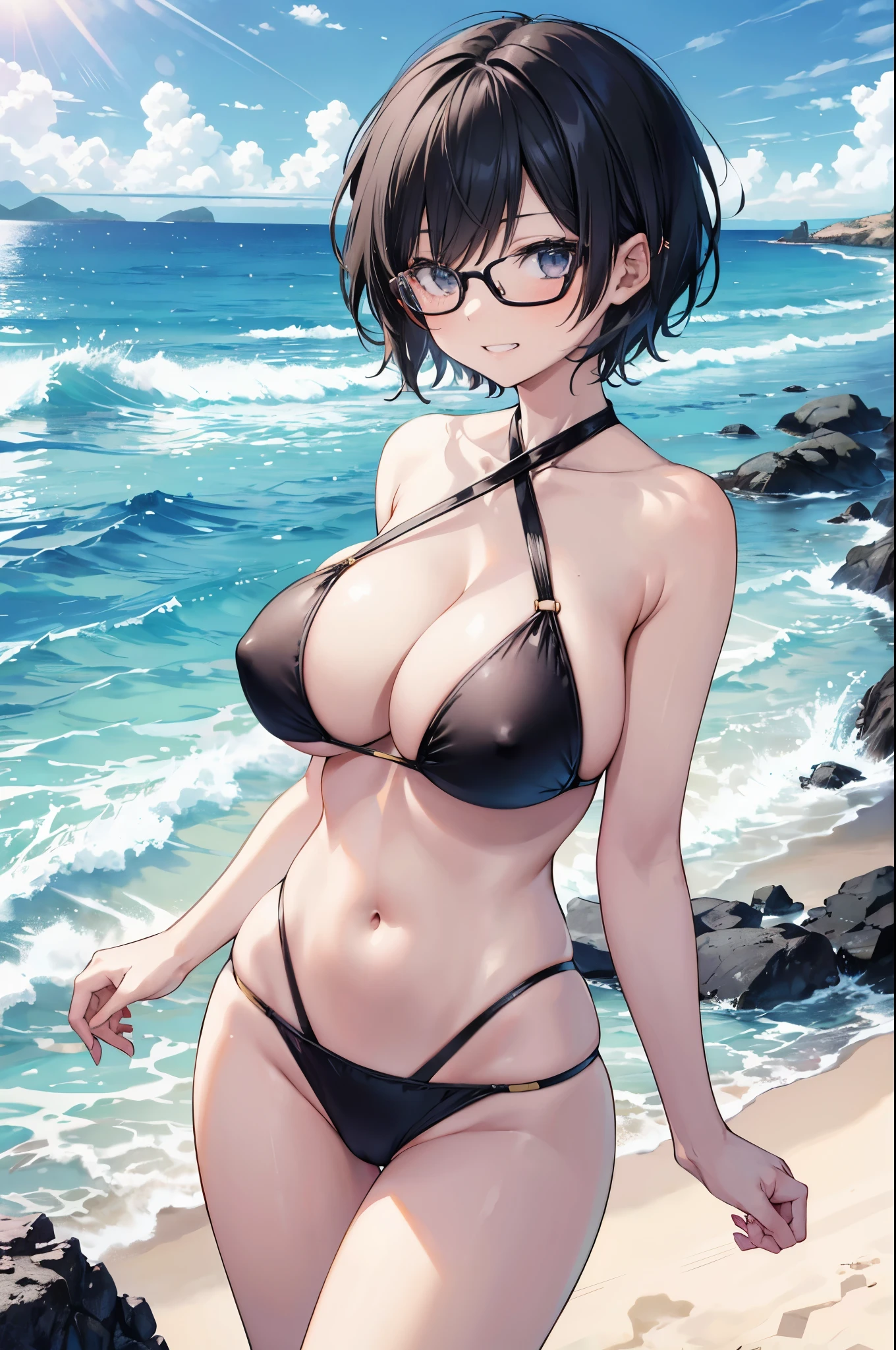 1 Japanese girl, glasses, grin, (slim body:1.2), (huge breasts:1.1), (slender legs:1.1), short hair, black hair, swimsuit, beach,