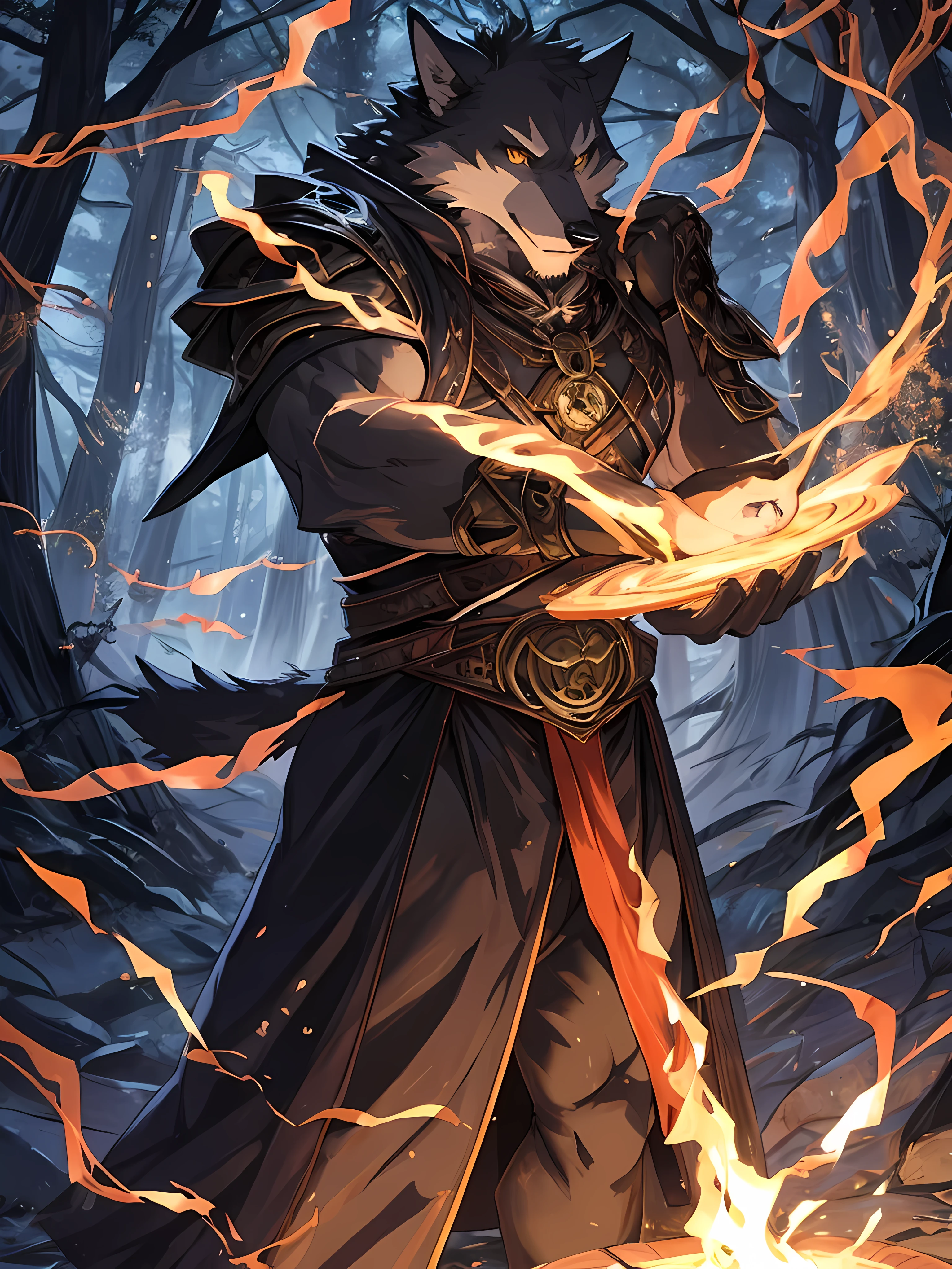 black wolf demon,Dark yellow eyes,red irises,Have muscles,Wearing a black robe with gold patterns,Raise your hands to waist level.,There was a dark beam of light shining on his hand.,((casting magic)),Behind is a forest.,dark,Scary,His eyes were fierce and mysterious.,staring at the viewer,