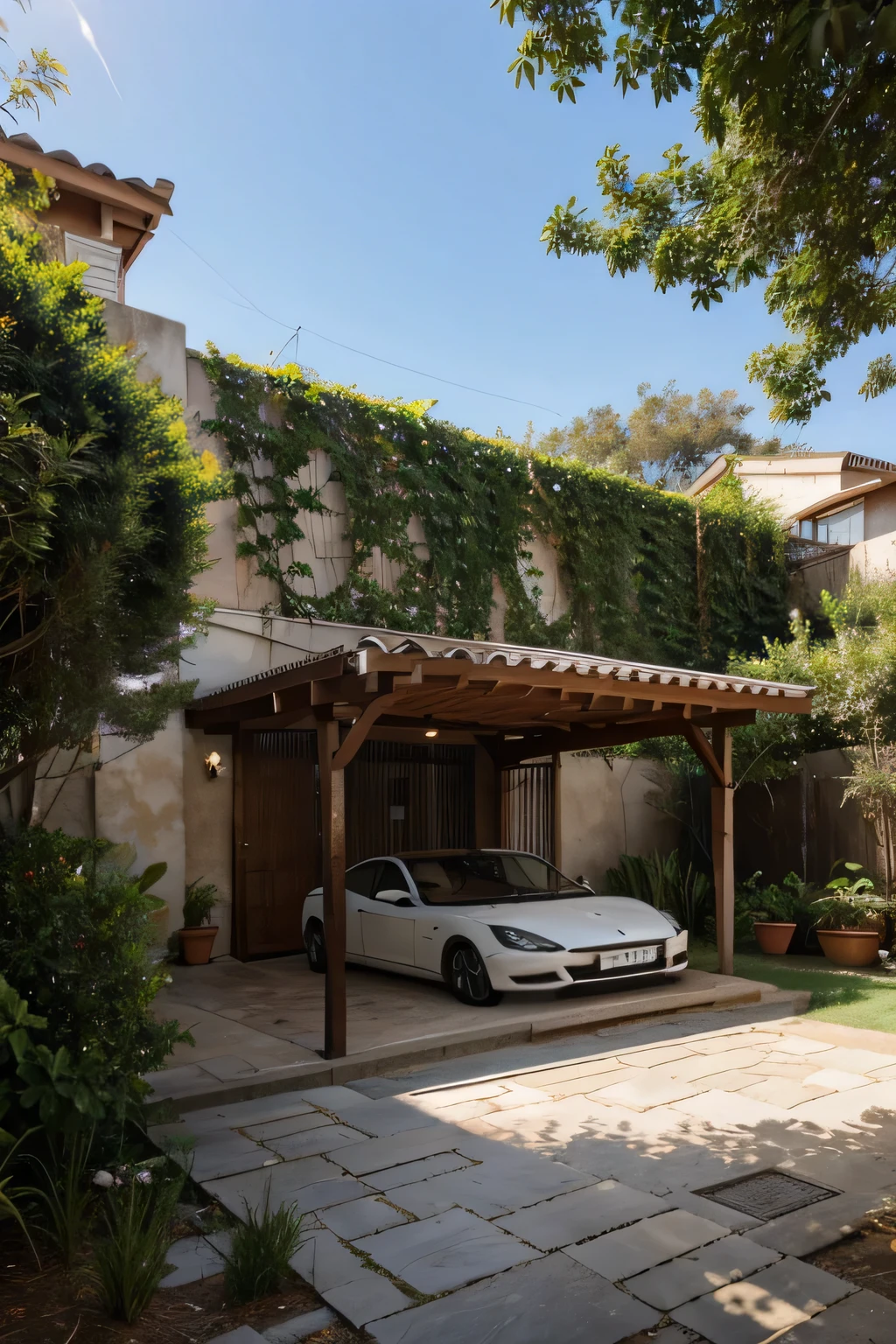 Create a square area and on top of this area 10 steel cables crossing the top forming an ergola on top of this area in front of a simple house, steel cable pergola made up of vines climbing to the top integrated with nature details of the sun between the leaves on the surface of the area