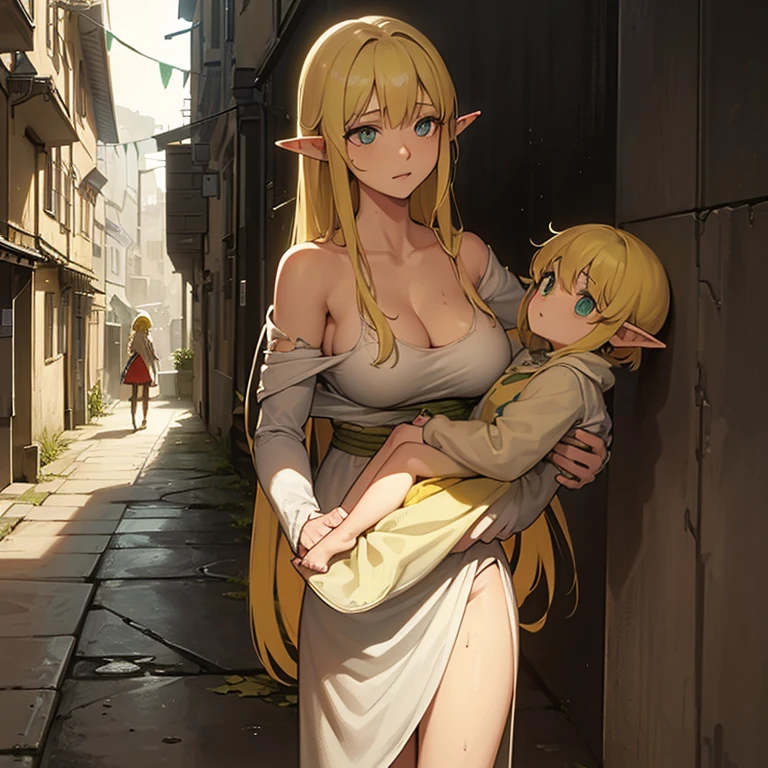 ((1 elf woman)),((holding a  in her arms)),((wearing torn rags and dirty clothes)),((long light yellow hair)),big breasts,dirty face and tirsti,(( leaning against the wall, in a wet alley in a medieval city))