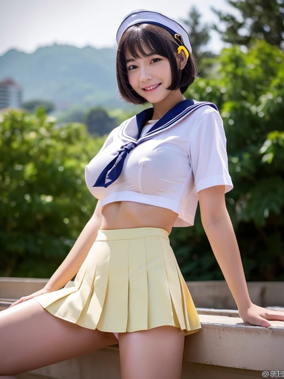 sailor suit, show me your chest, big breasts, big nipples, big areola, very big boobs, Spread your legs and show your crotch, very short mini skirt, pleated skirt, Skirt flip, Exposed crotch, plump thighs, female organ, labia minora, short hair, young face, baby face, smile, Good alignment of teeth, Sex worker