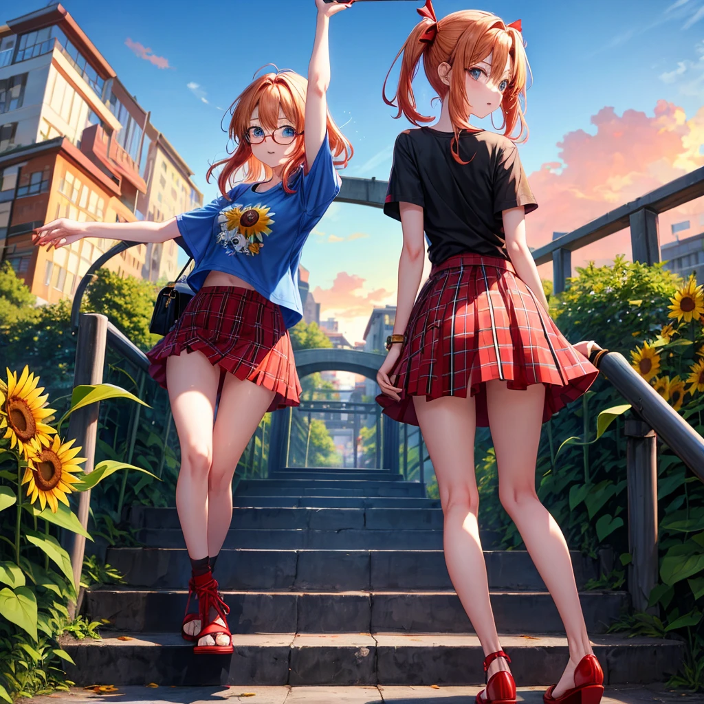 Red-blonde、blue hair、blue eyeraid、one good looking girl、solo、anime、Plaid miniskirt、camisole、black t-shirt、walking、Tilting your face、Doing the ribbon、sunset sky、suspended bridge、stone stairs、petal、tunnel、stretching one's back、Fallen leaveixing glasses、sunflower、waterfall