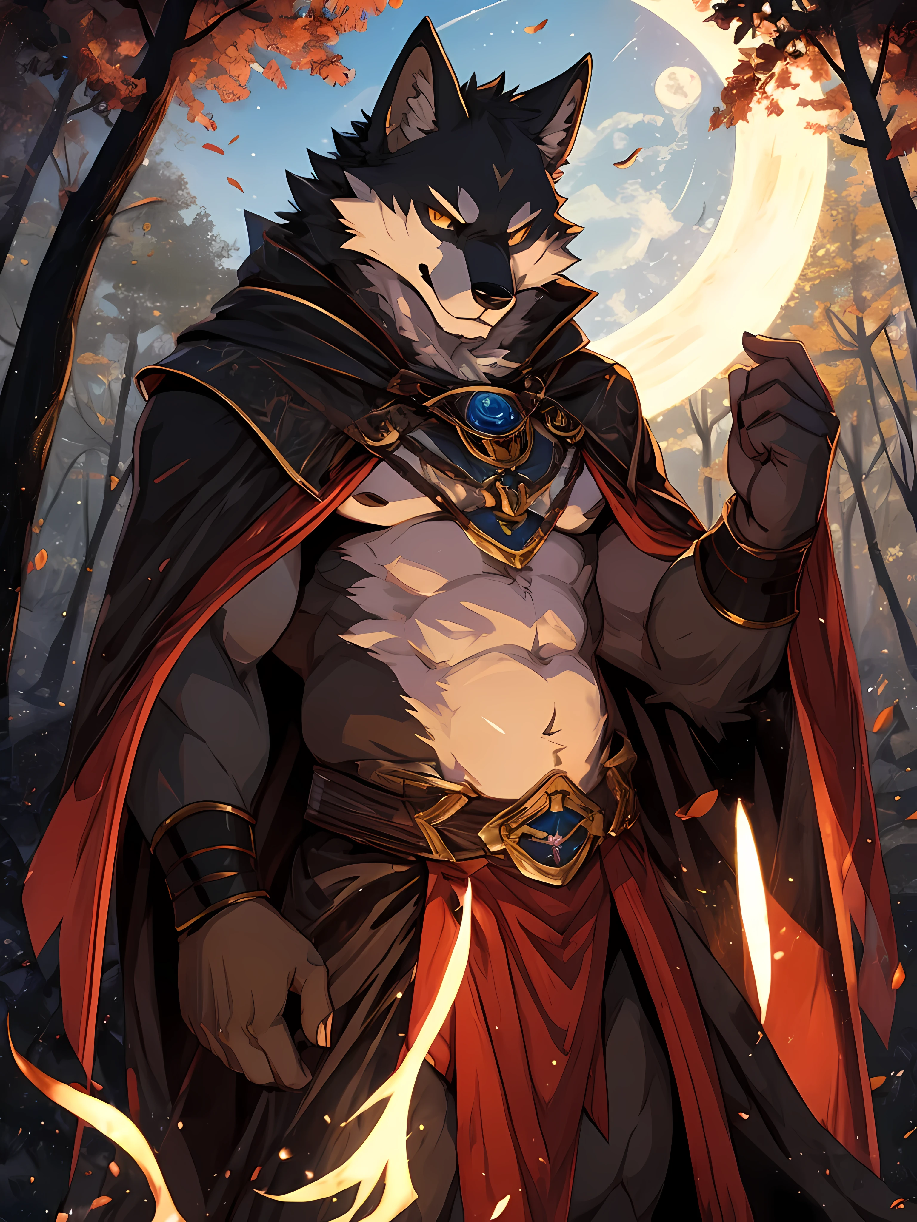 black wolf demon,Dark yellow eyes,red irises,Have muscles,Wearing a black robe with gold patterns,Raise your hands to belly level.,There was a dark beam of light shining on his hand.,((casting magic)),Behind is a forest.,dark,Scary,His eyes were fierce and mysterious.,staring at the viewer,