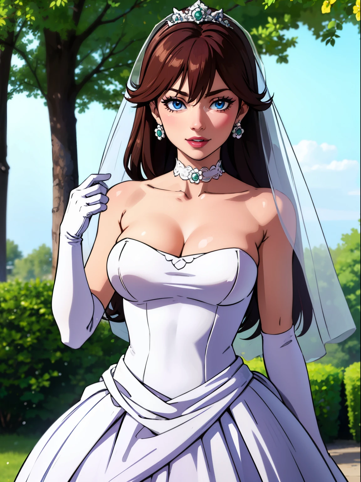 1girl ,princess_daisy, blue eyes ,earrings ,lipstick, eye shadow, makeup, hair between eyes, ahoge, hair ornament, gloves, dress, cleavage, bare shoulders, collarbone, white oprea gloves, white gloves, white dress, strapless, white choker, tiara, veil, strapless dress, wedding dress, bridal veil, beautiful woman, perfect body, perfect breasts, wearing a wedding dress, ball gown, in the park trees, wedding decorations, looking at the viewer,  smile, realism, masterpiece, textured skin, super detail, high detail, high quality, best quality, 1080p,