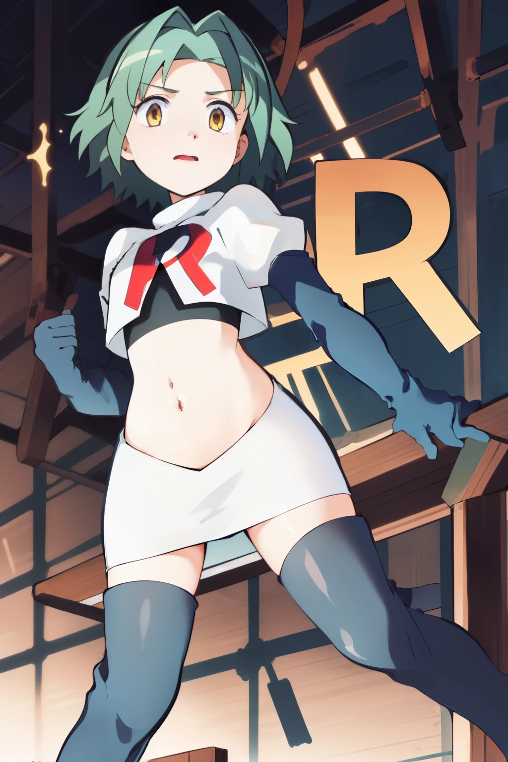ultra high res, best quality, masterpiece, 1girl, KaedeKayanoR4, green hair, yellow eyeackground,short hair, team rocket,team rocket uniform, red letter R, white skirt,white crop top,black thigh-highs,black elbow gloves