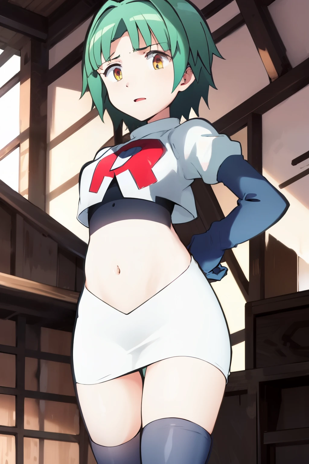 ultra high res, best quality, masterpiece, 1girl, KaedeKayanoR4, green hair, yellow eyeackground,short hair, team rocket,team rocket uniform, red letter R, white skirt,white crop top,black thigh-highs,black elbow gloves
