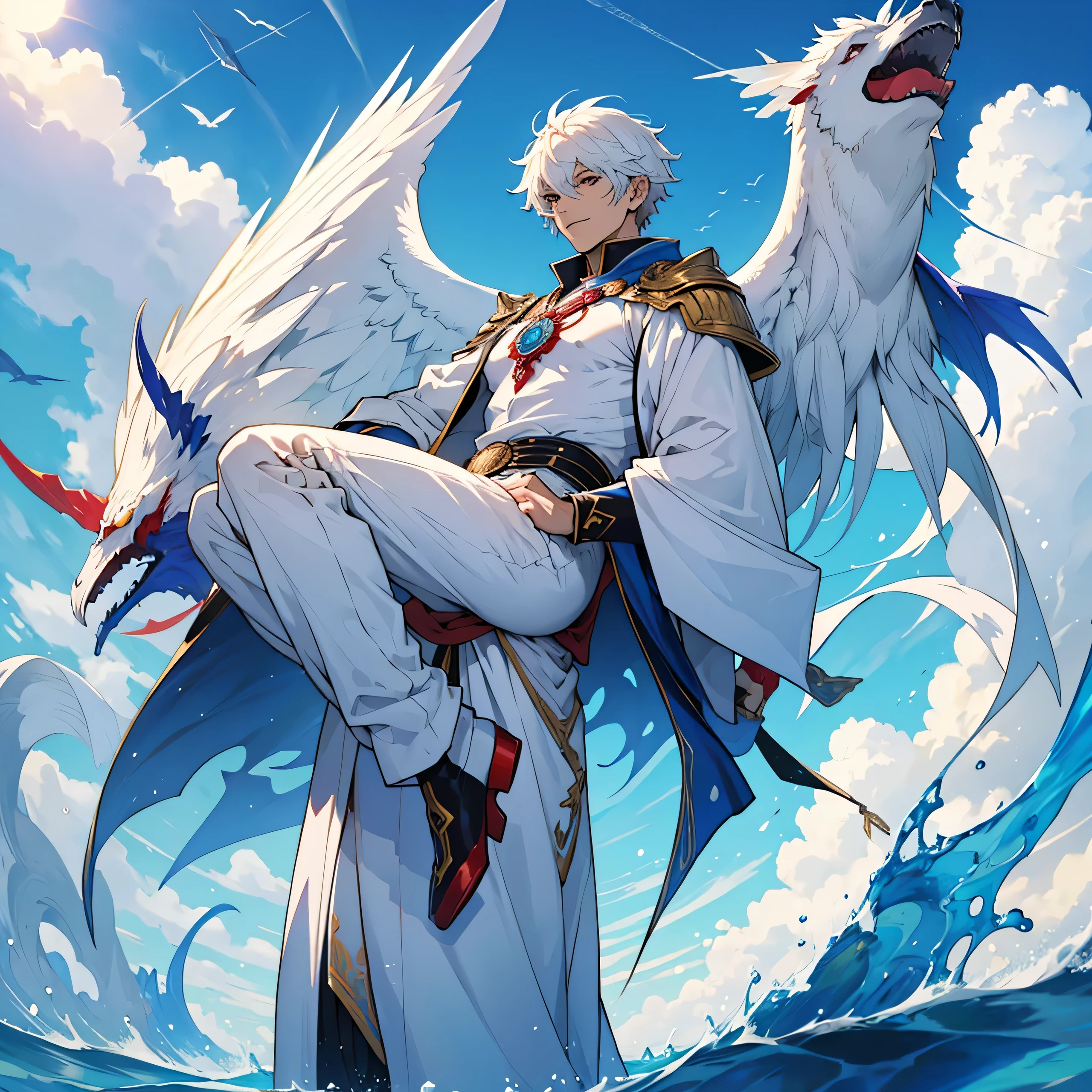 Homens com asas, Roupas vermelhas, blue sky, Asas flamejantes, corpo forte, sol gigante, (melhor qualidade)