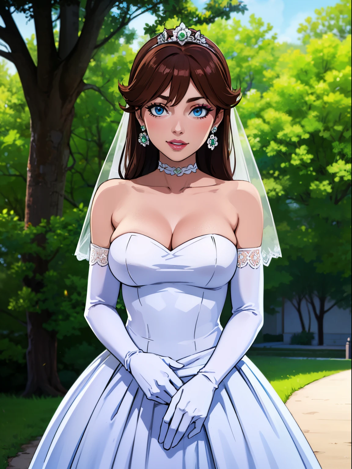 1girl ,princess_daisy, blue eyes ,earrings ,lipstick, eye shadow, makeup, hair between eyes, ahoge, hair ornament, gloves, dress, cleavage, bare shoulders, collarbone, white oprea gloves, white gloves, white dress, strapless, white choker, tiara, veil, strapless dress, wedding dress, bridal veil, beautiful woman, perfect body, perfect breasts, wearing a wedding dress, ball gown, in the park trees, wedding decorations, looking at the viewer,  smile, realism, masterpiece, textured skin, super detail, high detail, high quality, best quality, 1080p,