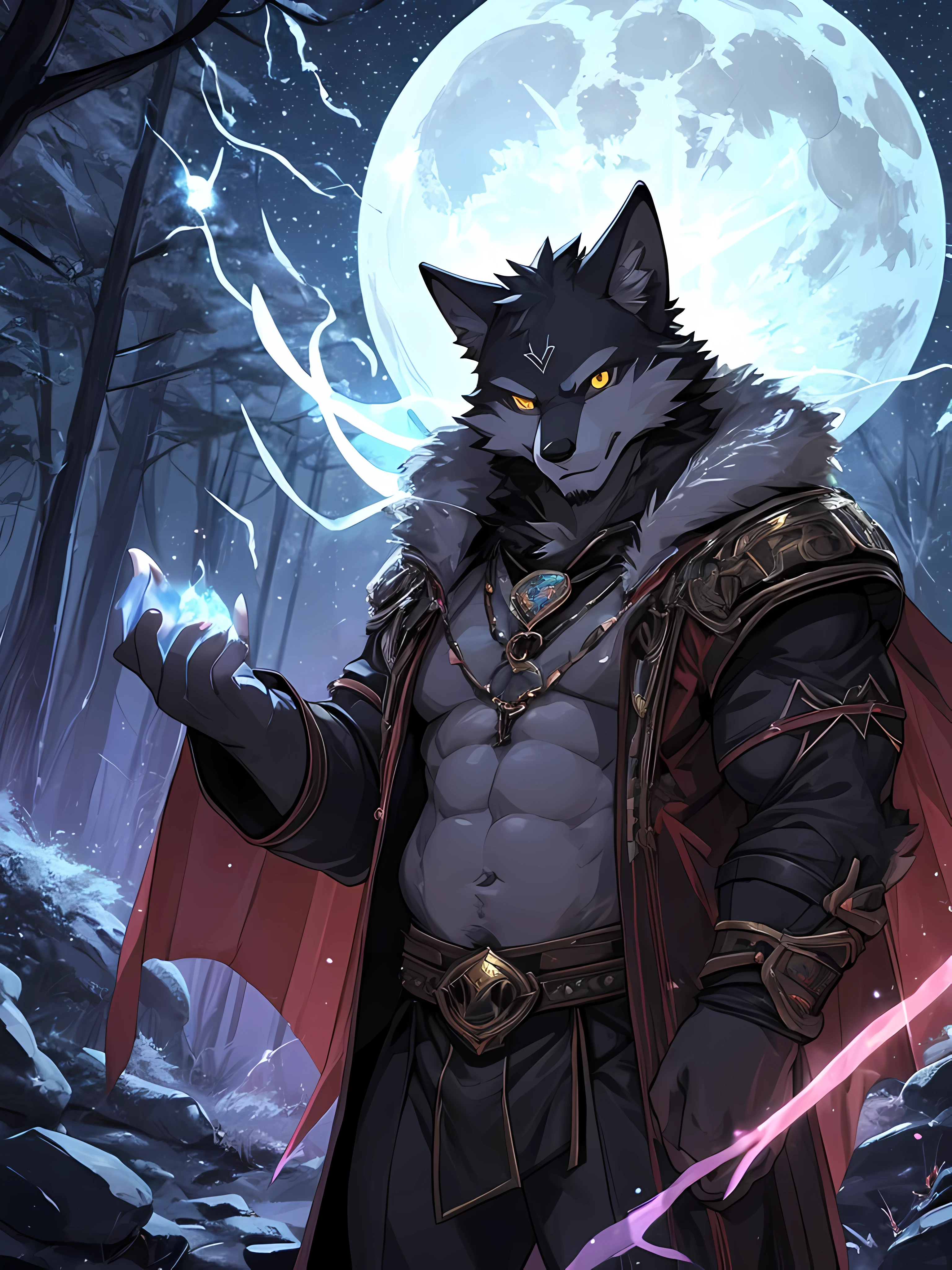 black wolf demon,Dark yellow eyes,red irises,Have muscles,Wearing a black robe with gold patterns,Raise your hands to belly level.,There was a ball of dark black light in his hand.,((casting magic)),Behind is a forest.,dark,Scary,His eyes were fierce and mysterious.,staring at the viewer,red moon