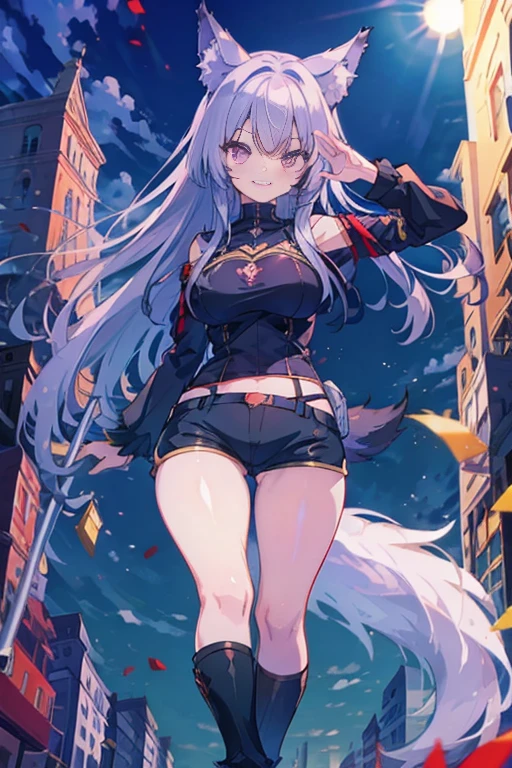 (masterpiece, highest quality, Super detailed), delta,off shoulder sweater,shorts,black tights,short boots,wolf ears,wolf tail,In town,walk,smile