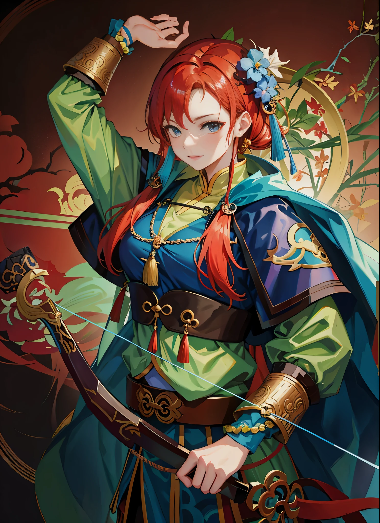 Red hair、Blue clothes、Anime character holding a boenshin》Keqing in, 拿着弓和箭的动漫girl, in the art of slaying demons, 《Genshin》中的girl, Inspired by Bian Shoumin, bian lian, ,girl,girl,three kingdom,Unparalleled in the Three Kingdoms,Wang Yuanji,Dong Bai