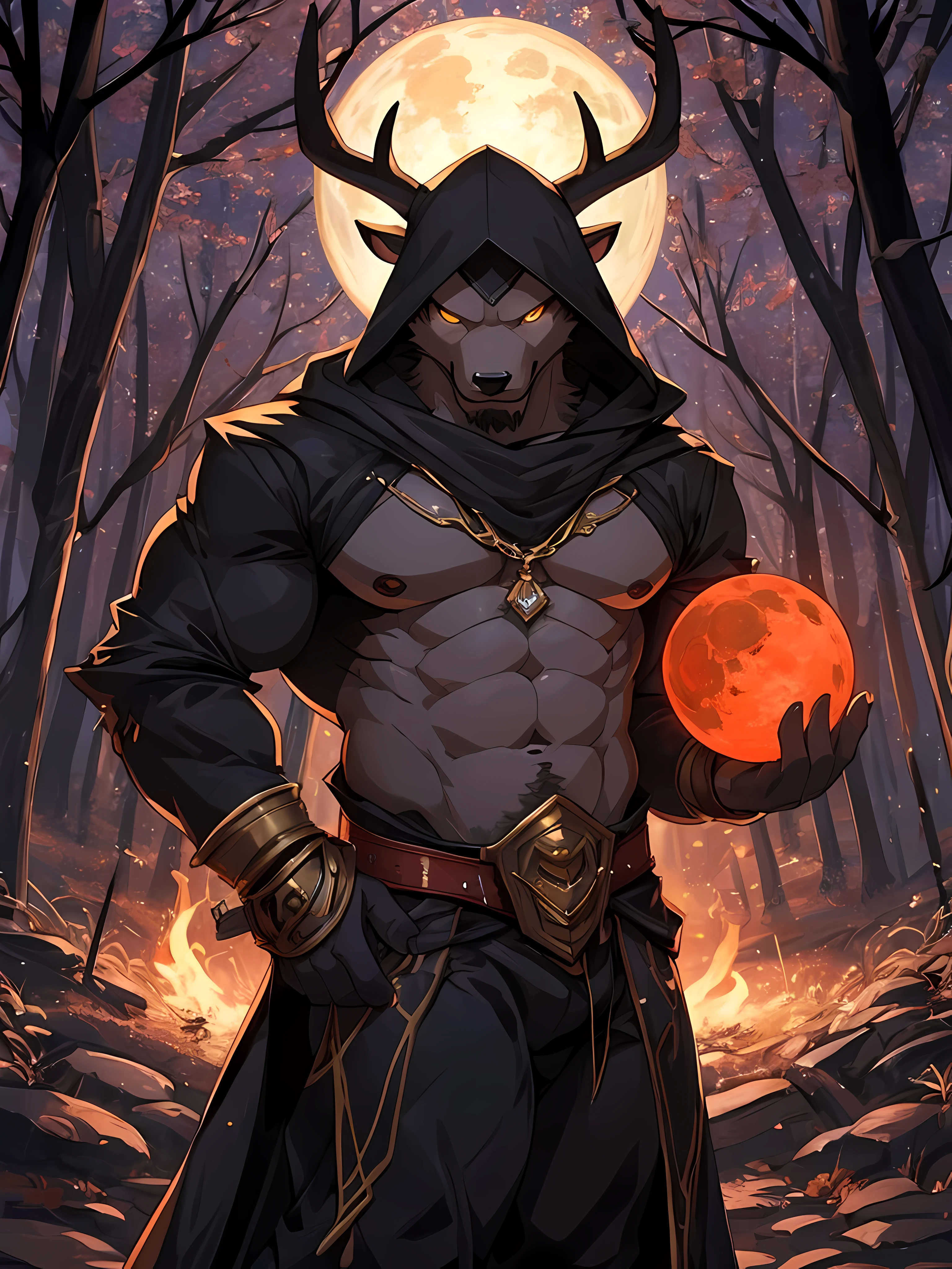 Black Forest Deer Demon,Dark yellow eyes,red irises,beautiful muscles,Wearing a black robe with gold patterns,Raise your hands to belly level.,There was a ball of black light in his hand.,Behind is a forest.,dark,Scary,His eyes were fierce and mysterious.,staring at the viewer,red moon