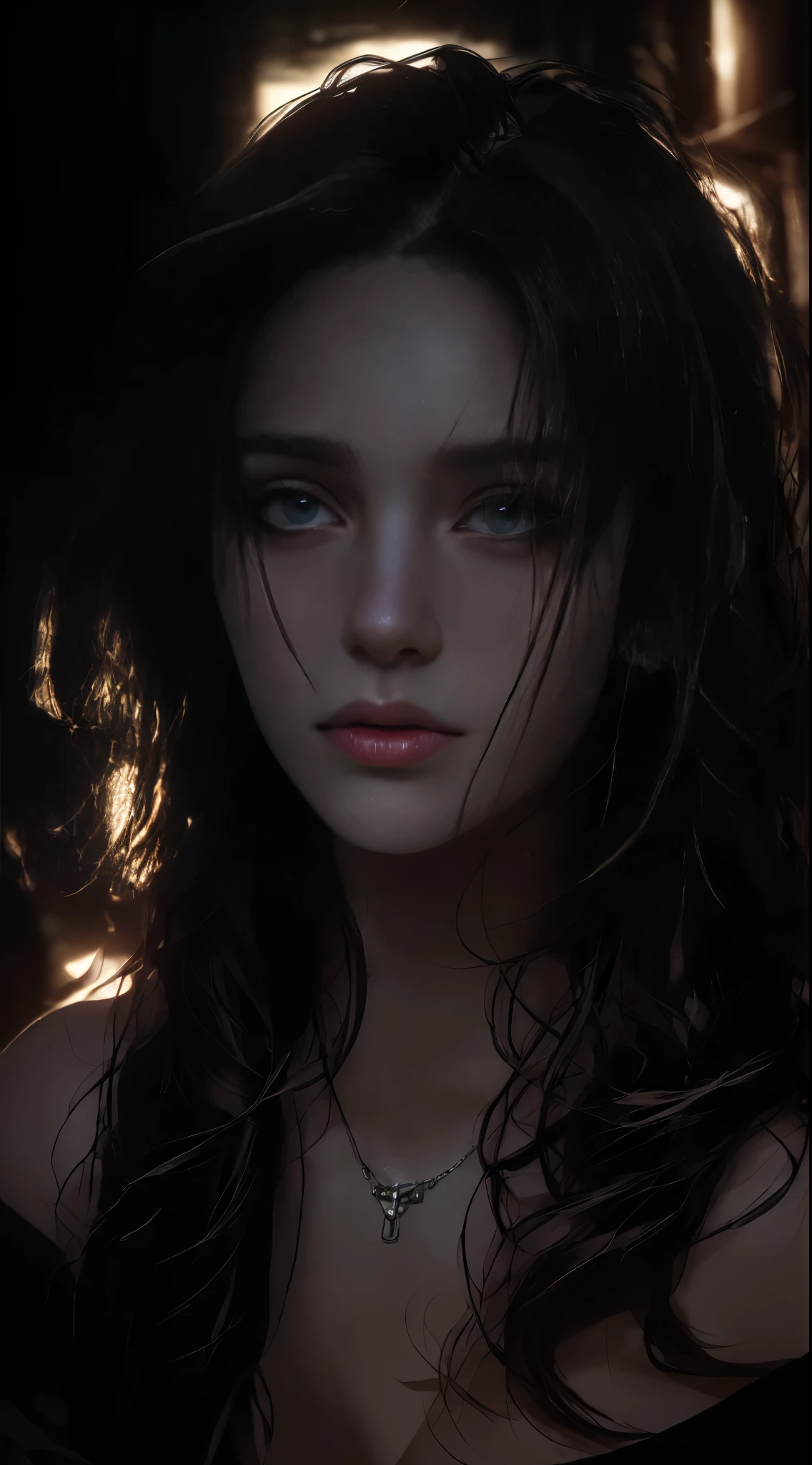 Best quality, masterpiece, ultra high resolution, (photorealistic: 1.4), raw photo, 1girl, big boobs, clothes with neckline, off shoulder, cinematic lighting, dark atmosphere, highly detailed skin texture, extreme details, dark fantasy, darktoon,((closeup portrait)), cleavage,