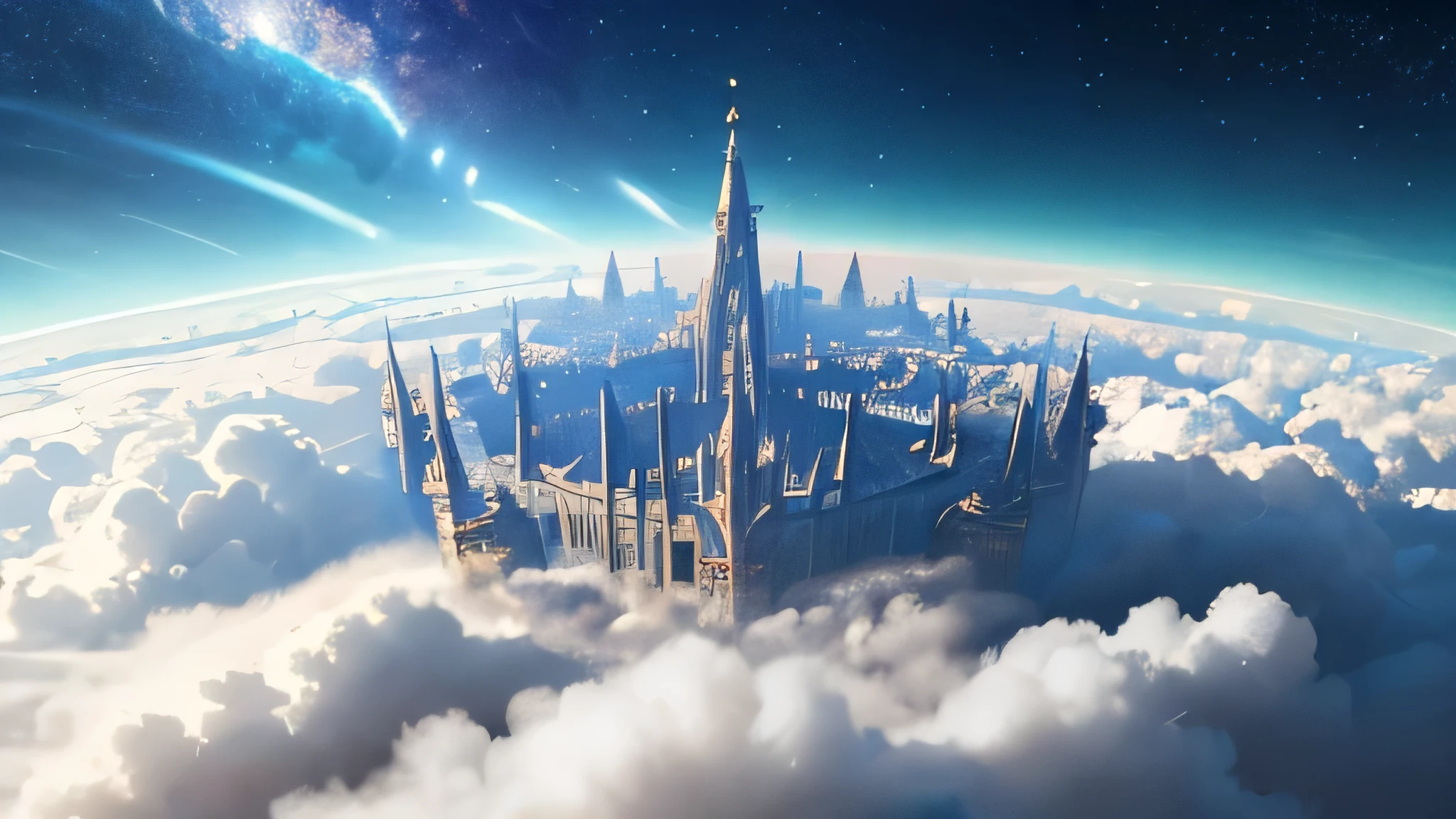 "Celestial Palace Among Clouds":

"Generate a heavenly landscape featuring an opulent celestial palace suspended among billowing clouds, surrounded by radiant gardens and soaring towers." hyperrealistic