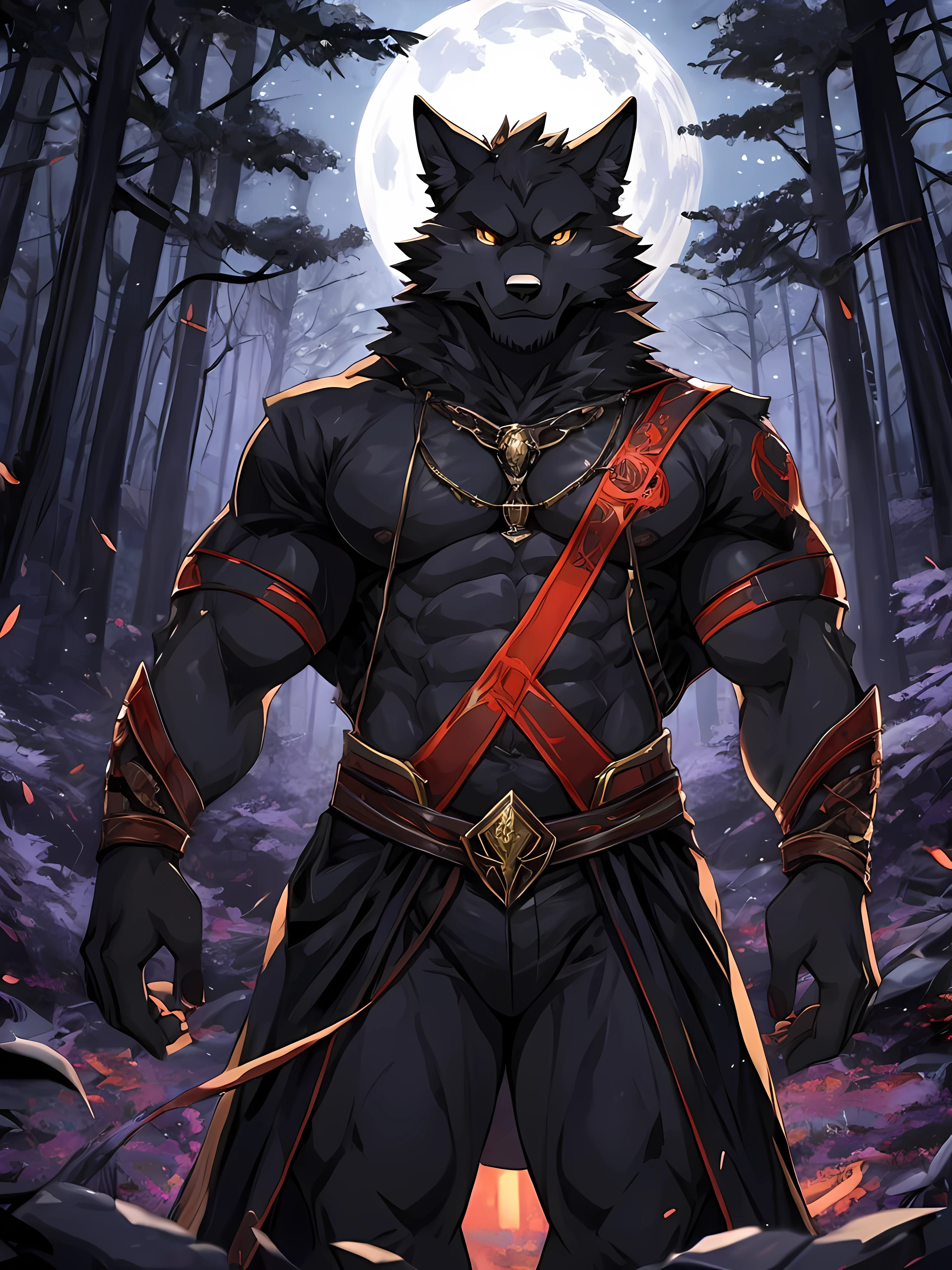 black wolf demon,Dark yellow eyes,red irises,Have muscles,Wearing a black robe with gold patterns,Raise your hands to belly level.,There was a ball of black light in his hand.,Behind is a forest.,dark,Scary,His eyes were fierce and mysterious.,staring at the viewer,red moon,There was a dark black mist coming from behind.