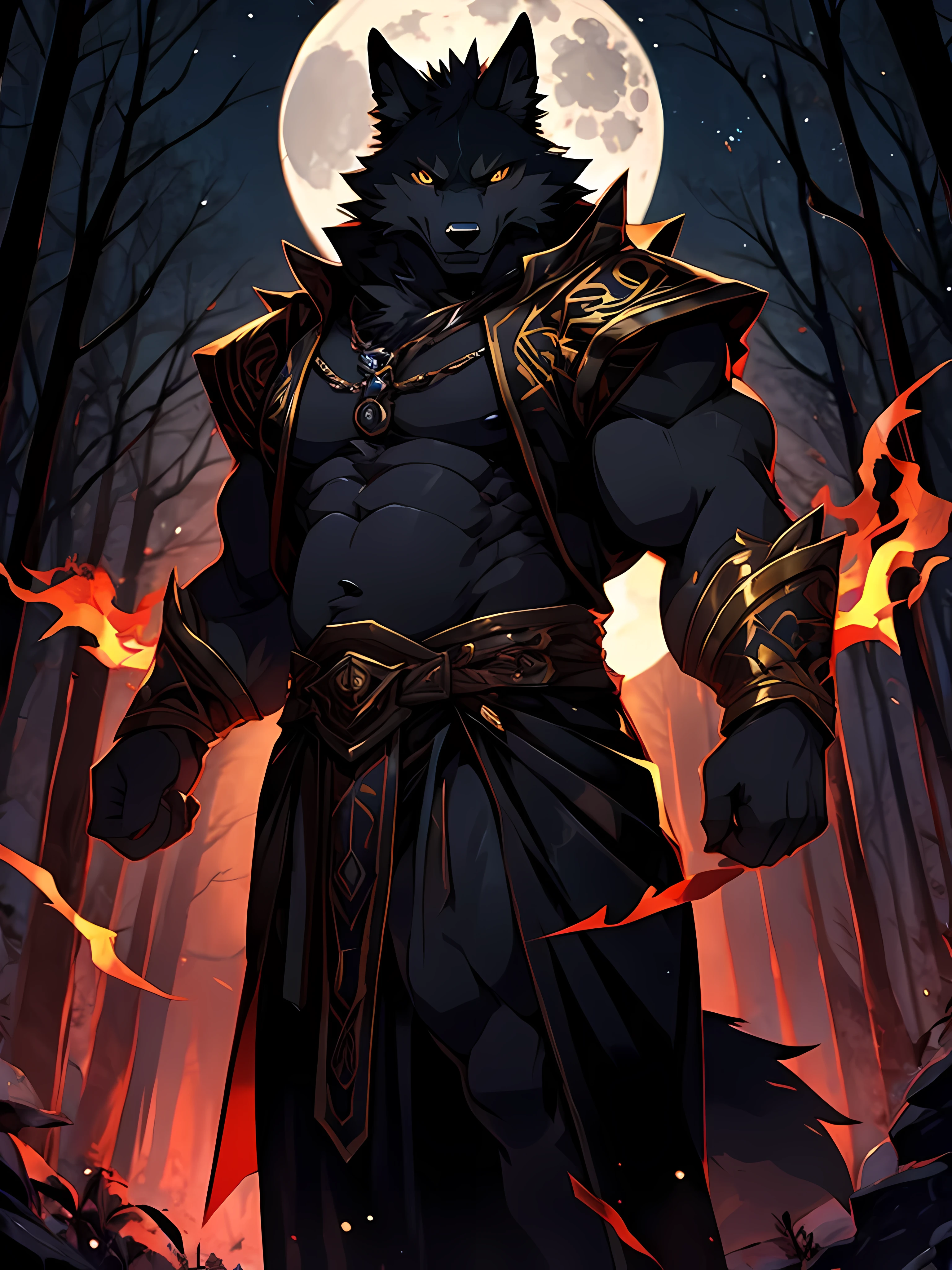 black wolf demon,Dark yellow eyes,red irises,Have muscles,Wearing a black robe with gold patterns,Raise your hands to belly level.,There was a ball of black light in his hand.,Behind is a forest.,dark,Scary,His eyes were fierce and mysterious.,staring at the viewer,The moon behind is dark red.,Perfect body details,HDR,backlit